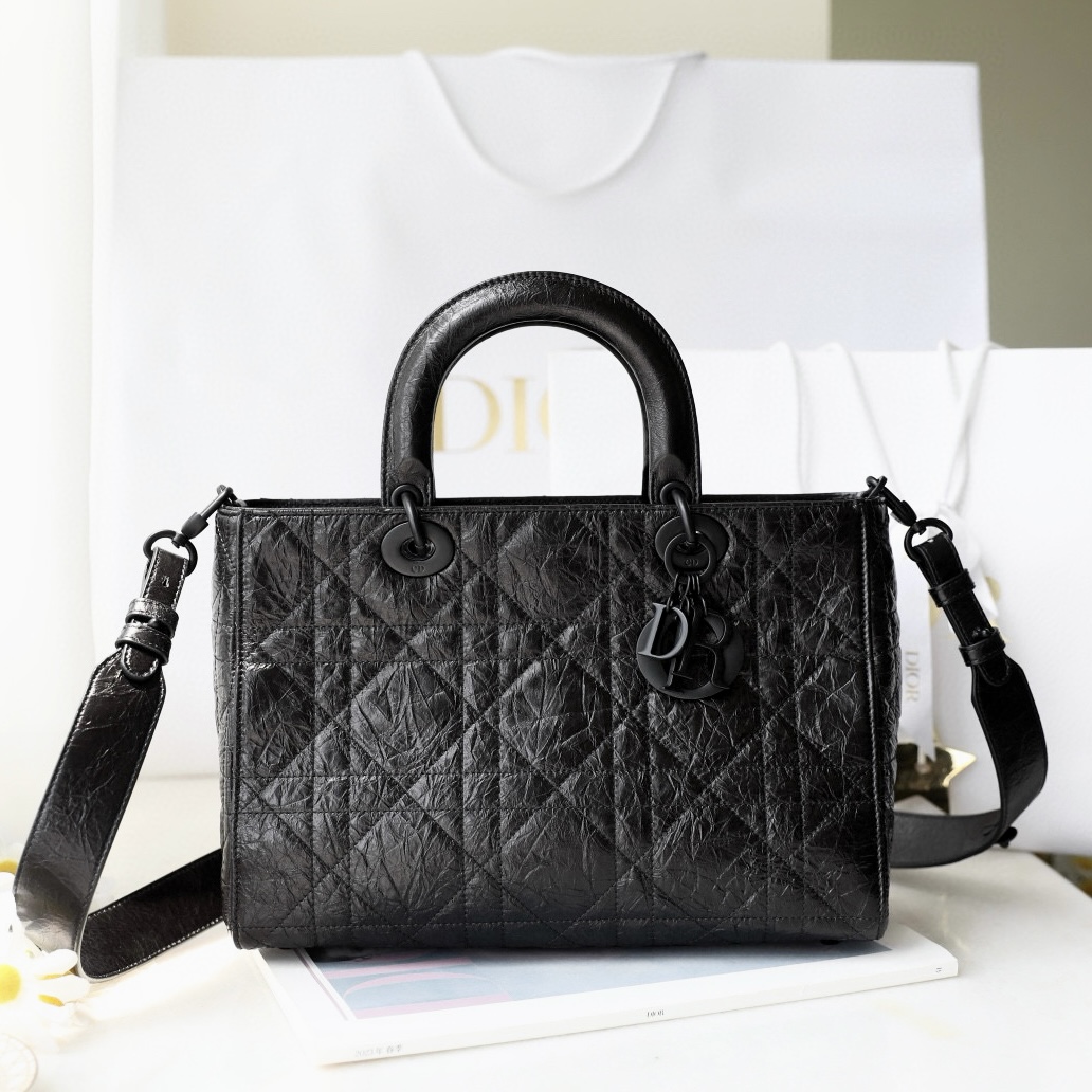 DIOR Medium Lady D-Sire Bag Black Macrocannage Crinkled Calfskin