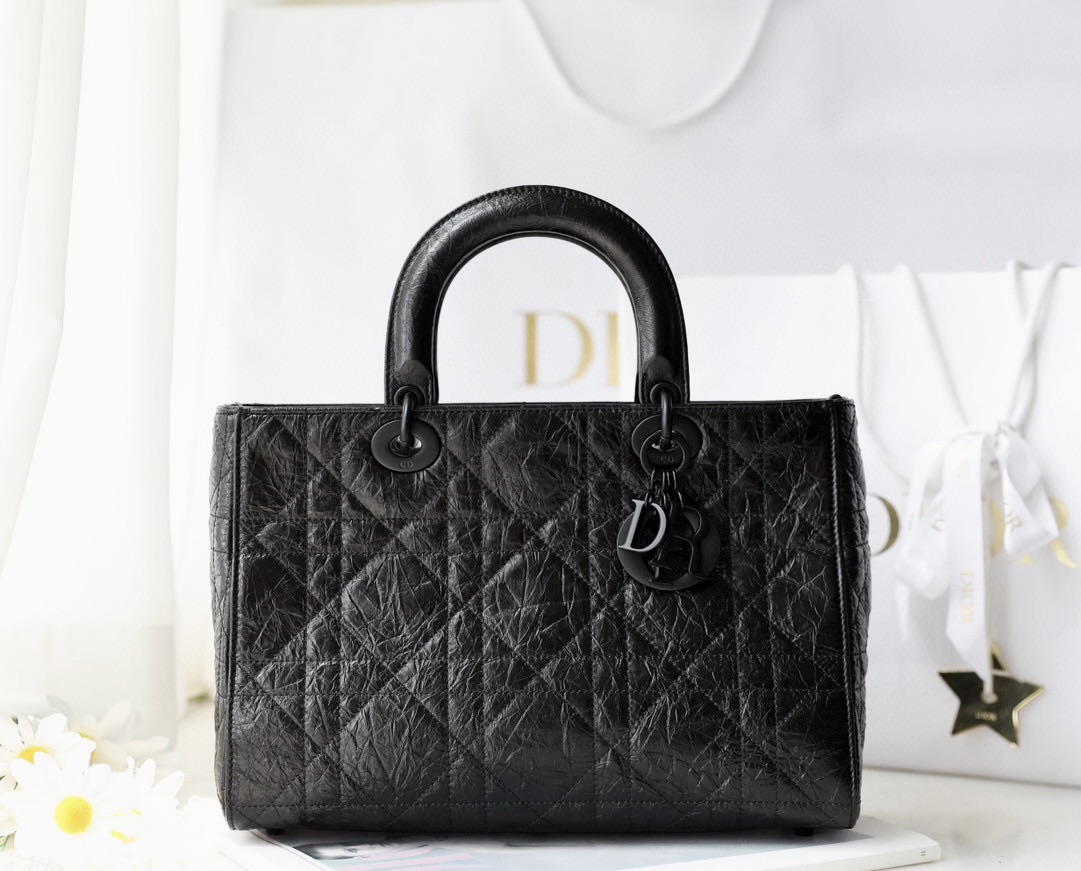 DIOR Medium Lady D-Sire Bag Black Macrocannage Crinkled Calfskin