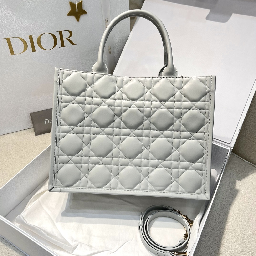 DIOR Medium Dior Book Tote Cloud Gray Macrocannage Calfskin with Gold Hardware