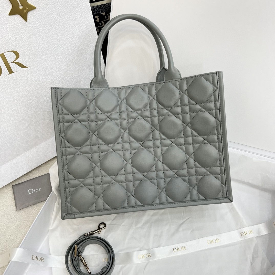 DIOR Medium Dior Book Tote Stone Gray Macrocannage Calfskin with Gold Hardware