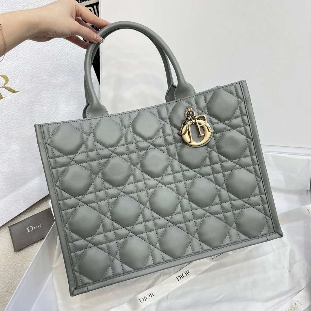 DIOR Medium Dior Book Tote Stone Gray Macrocannage Calfskin with Gold Hardware