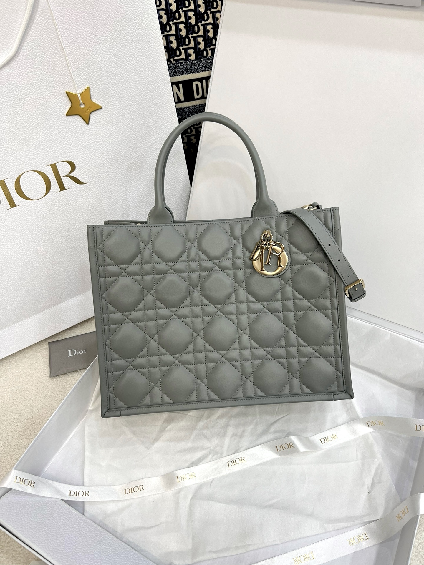 DIOR Medium Dior Book Tote Stone Gray Macrocannage Calfskin with Gold Hardware