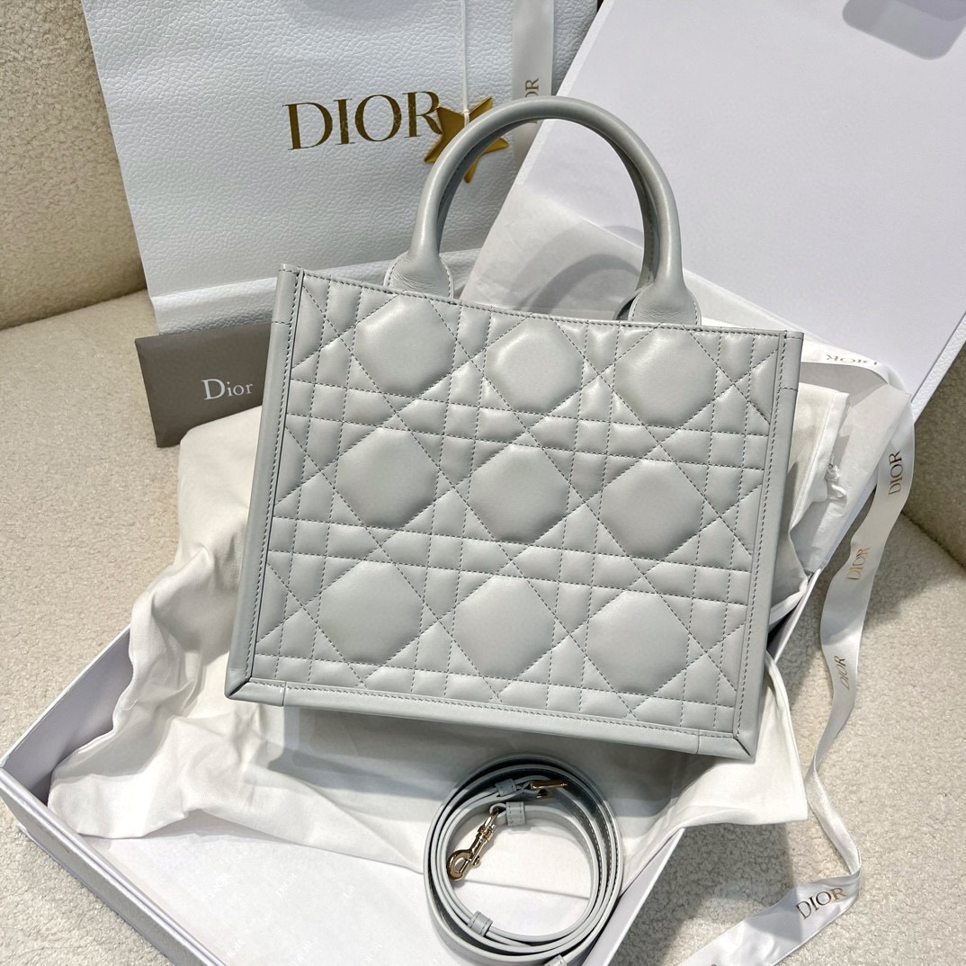 DIOR Small Dior Book Tote Cloud Gray Macrocannage Calfskin with Gold Hardware