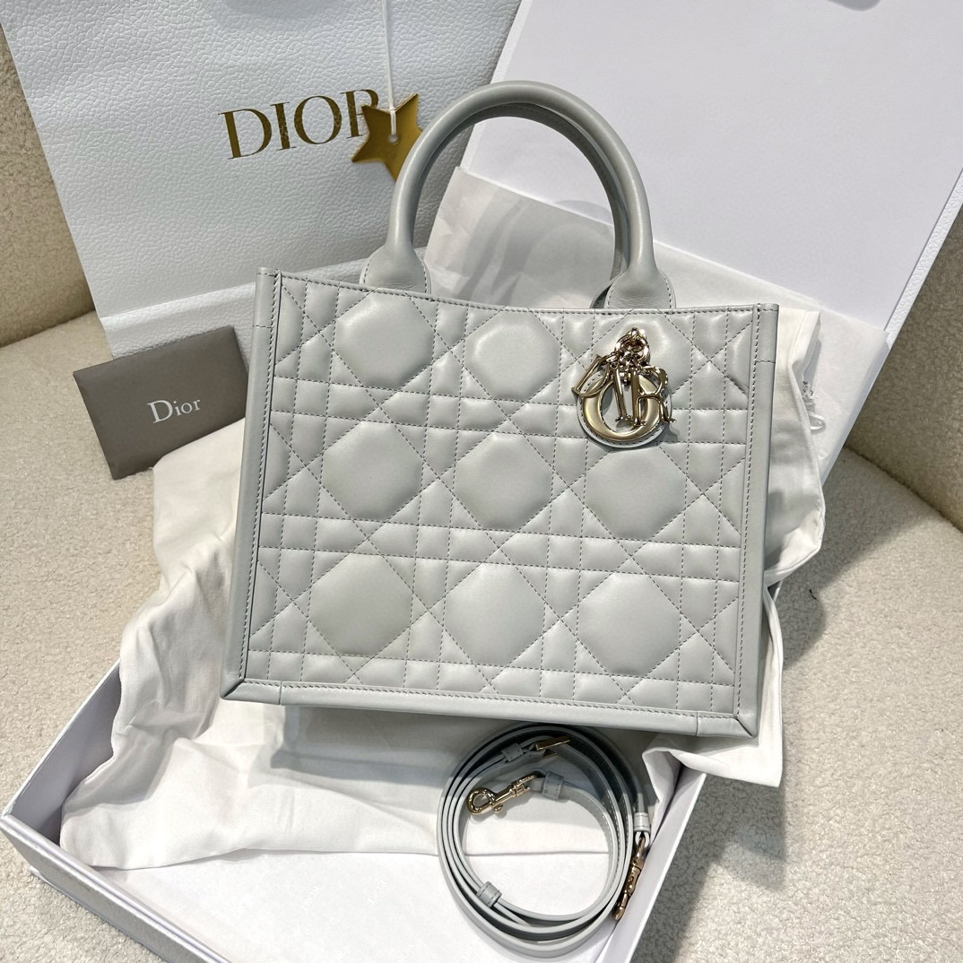 DIOR Small Dior Book Tote Cloud Gray Macrocannage Calfskin with Gold Hardware