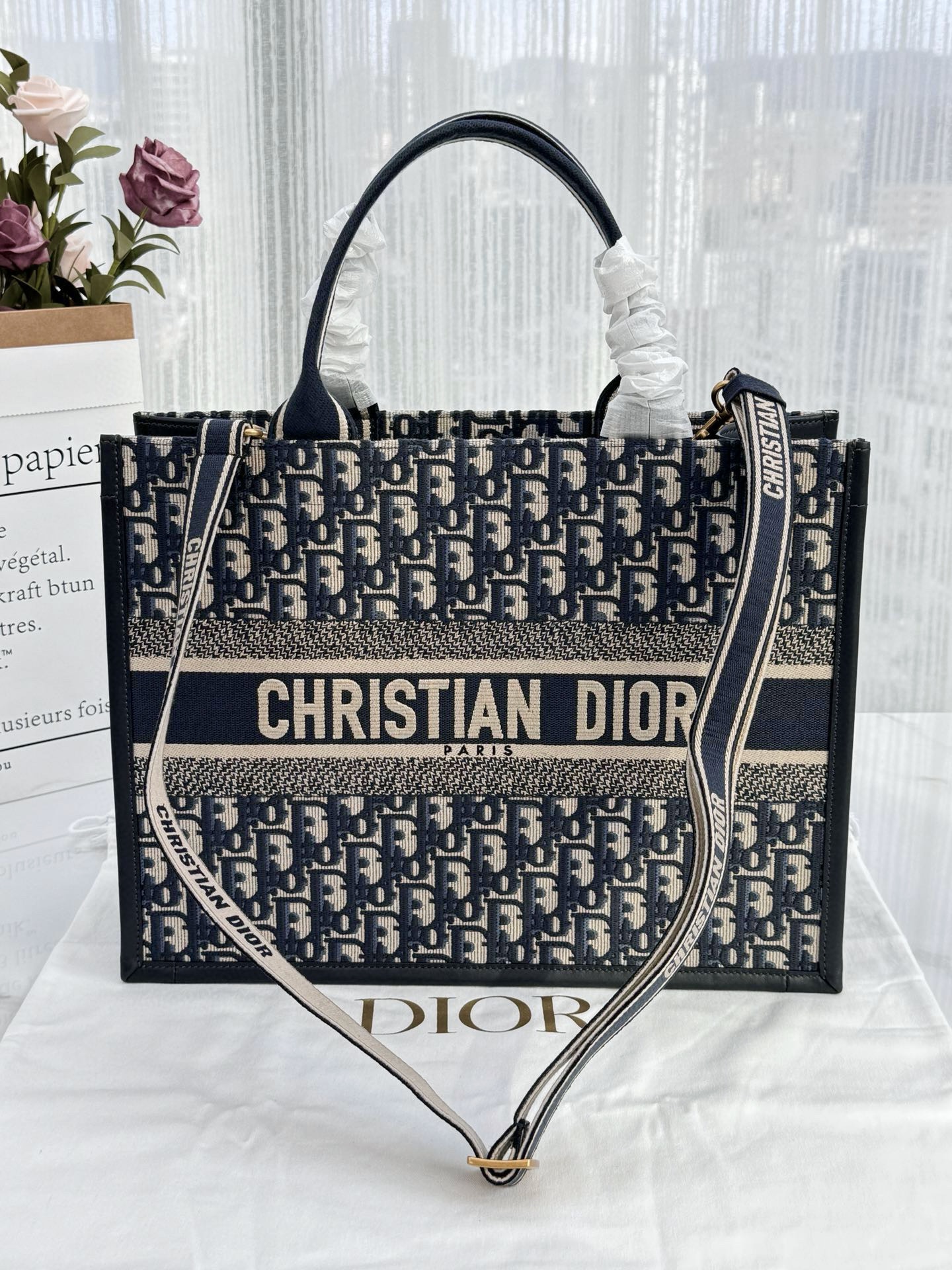 DIOR Medium Dior Book Tote Blue Dior Oblique Embroidery and Calfskin