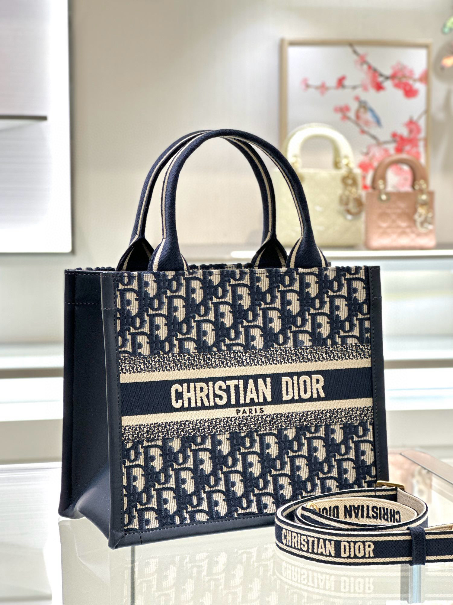 DIOR Small Dior Book Tote Blue Dior Oblique Embroidery and Calfskin