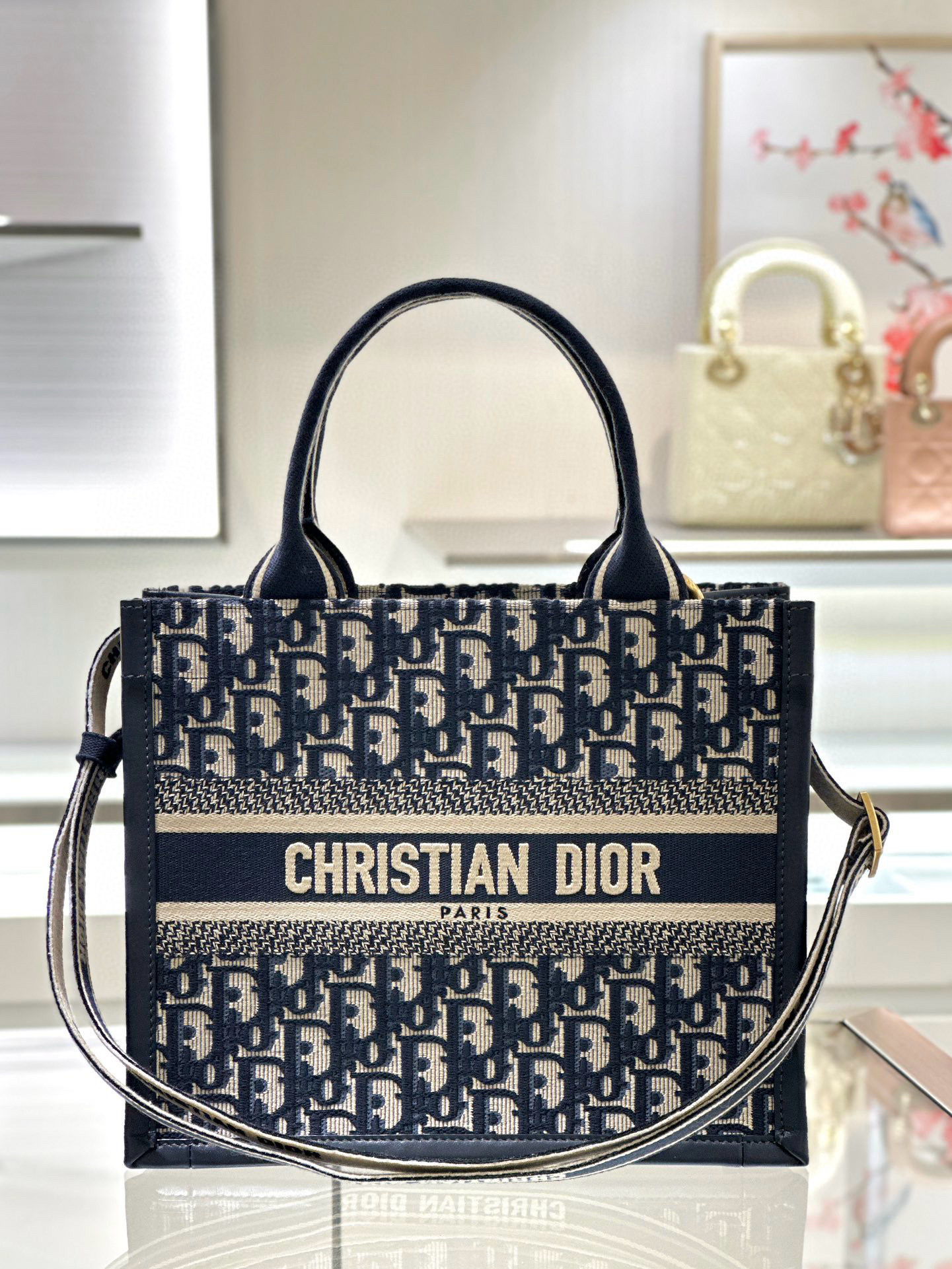 DIOR Small Dior Book Tote Blue Dior Oblique Embroidery and Calfskin