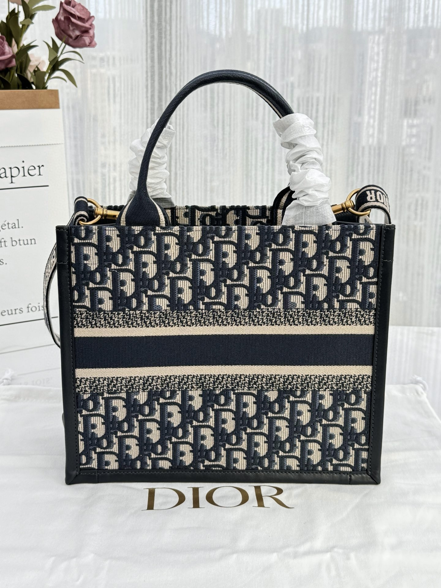 DIOR Small Dior Book Tote Blue Dior Oblique Embroidery and Calfskin