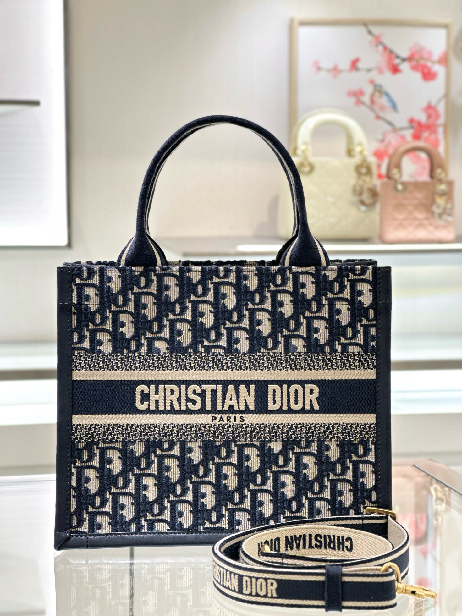 DIOR Small Dior Book Tote Blue Dior Oblique Embroidery and Calfskin