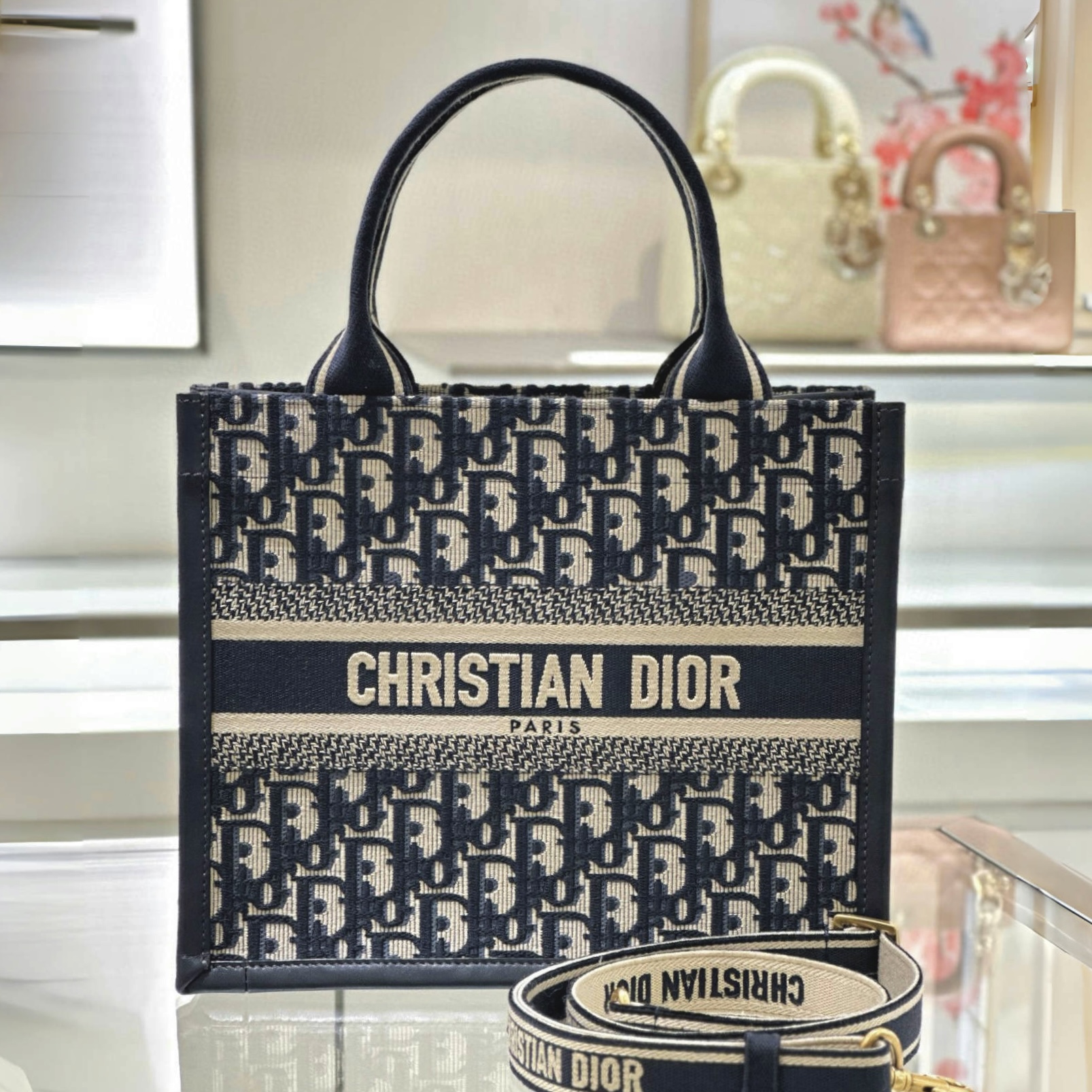 DIOR Small Dior Book Tote Blue Dior Oblique Embroidery and Calfskin