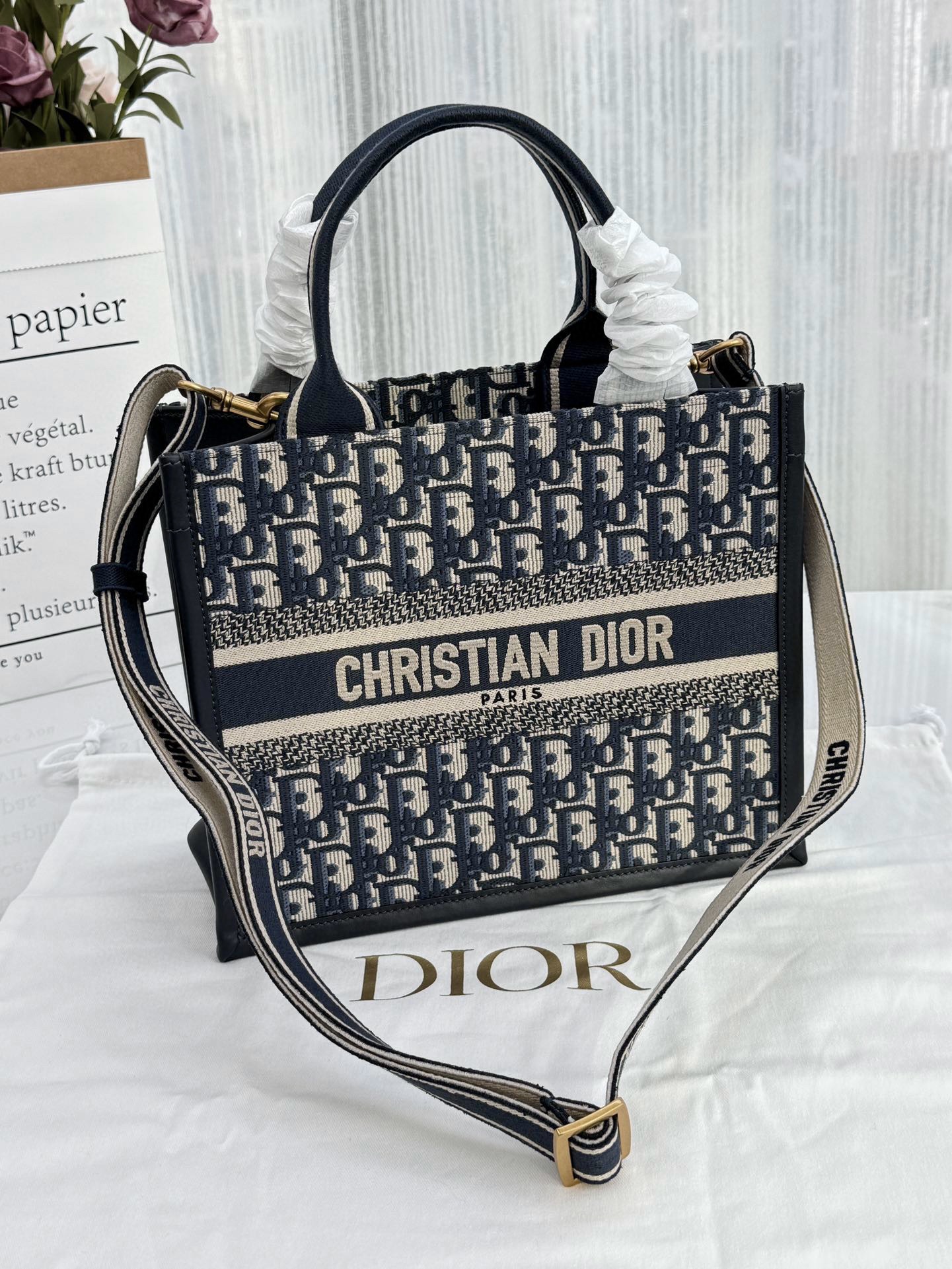 DIOR Small Dior Book Tote Blue Dior Oblique Embroidery and Calfskin