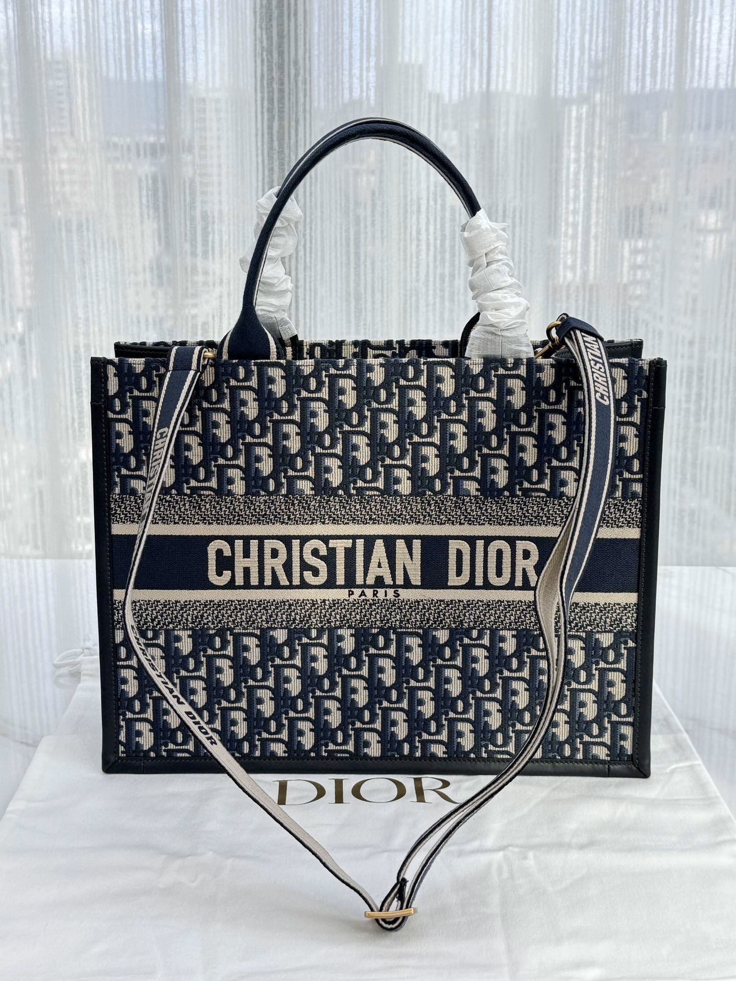 DIOR Medium Dior Book Tote Blue Dior Oblique Embroidery and Calfskin