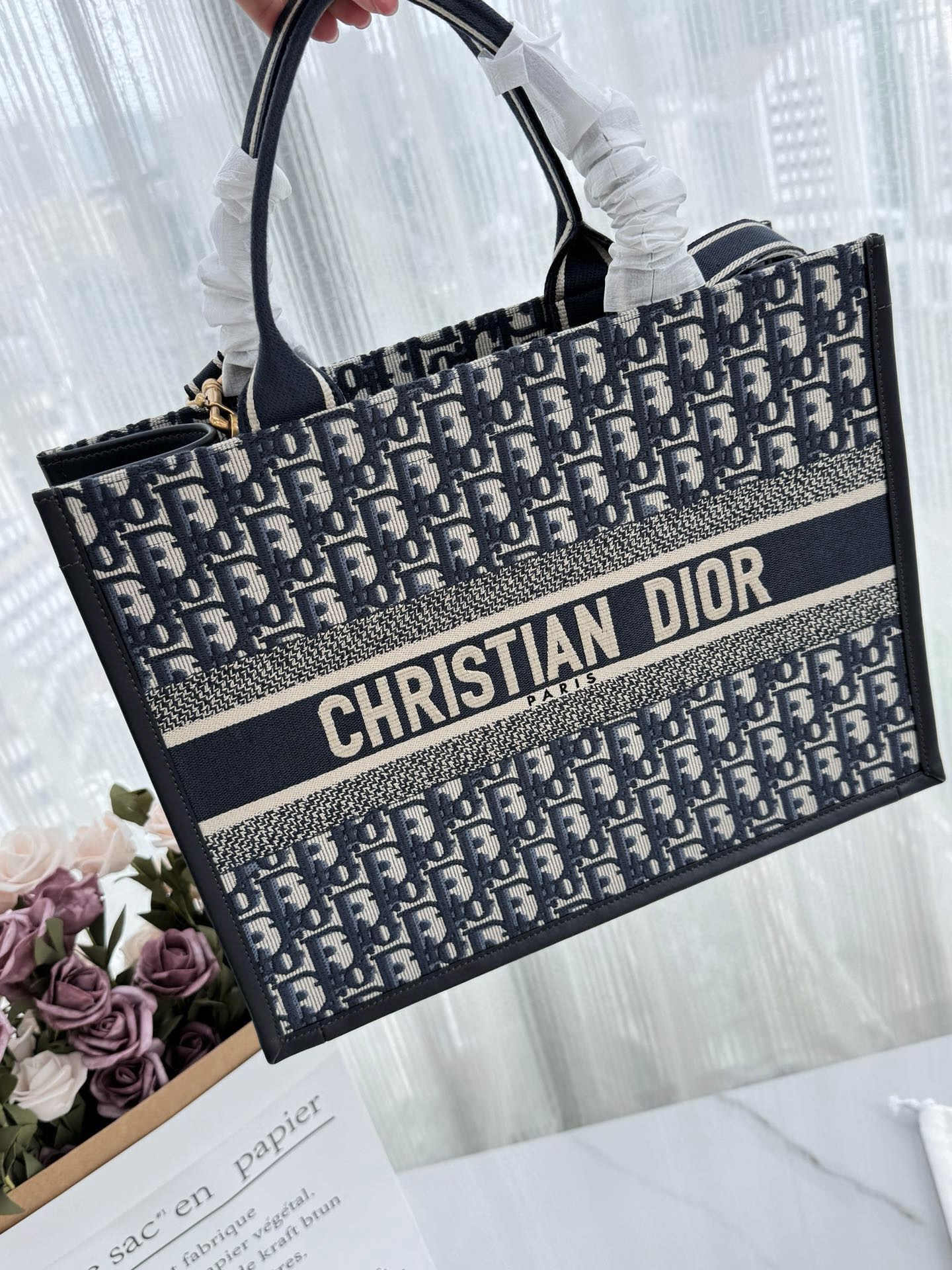 DIOR Medium Dior Book Tote Blue Dior Oblique Embroidery and Calfskin