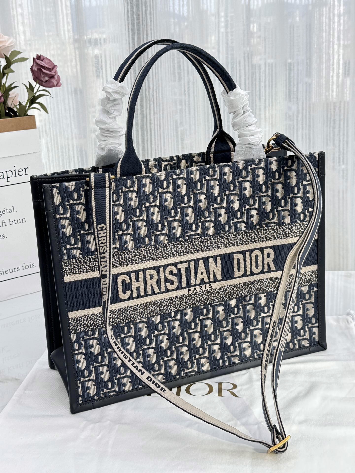 DIOR Medium Dior Book Tote Blue Dior Oblique Embroidery and Calfskin