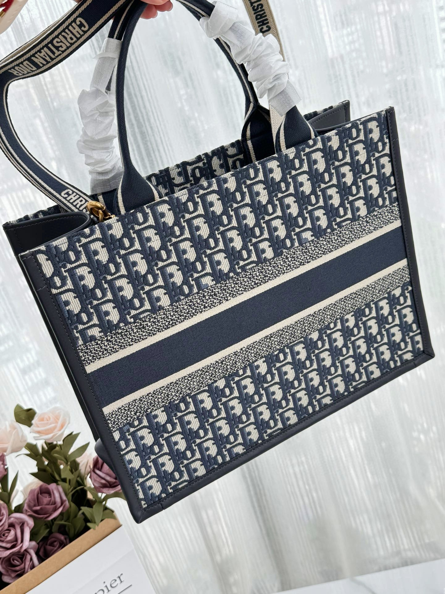 DIOR Medium Dior Book Tote Blue Dior Oblique Embroidery and Calfskin