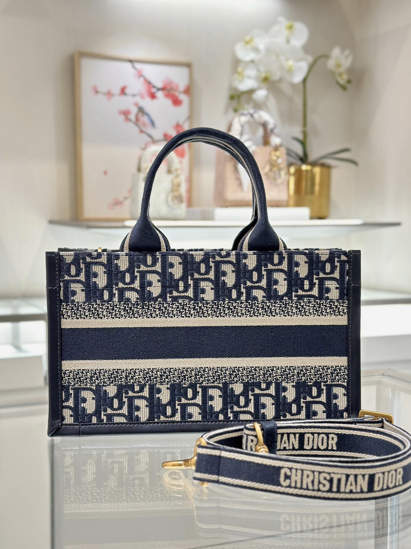 DIOR East-West Dior Book Tote with strap Blue Dior Oblique Embroidery and Calfskin