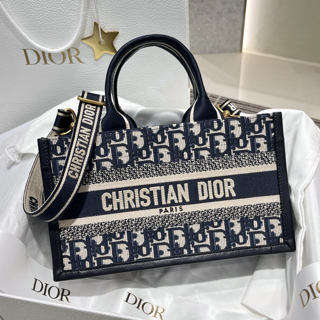 DIOR East-West Dior Book Tote with strap Blue Dior Oblique Embroidery and Calfskin