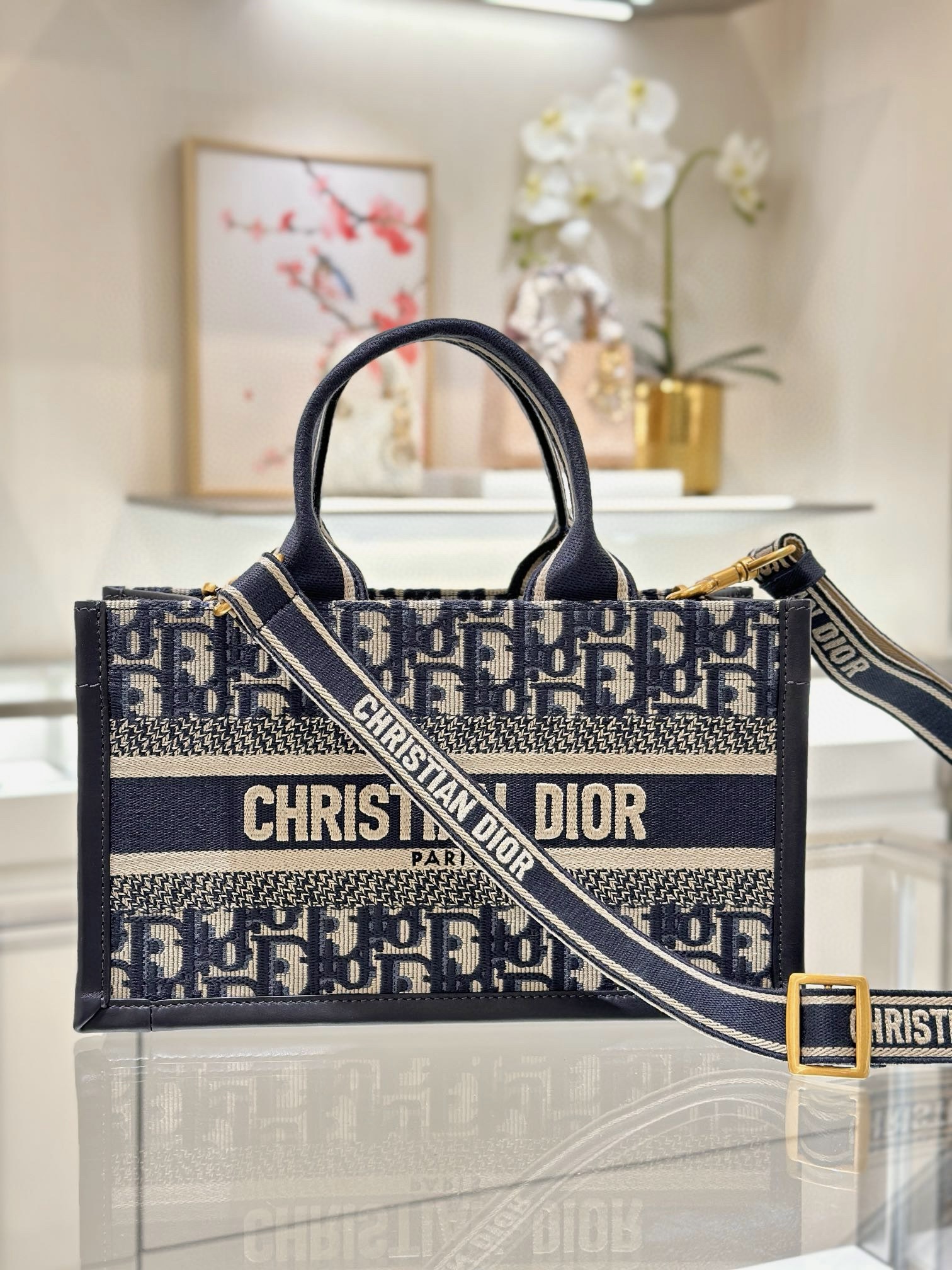 DIOR East-West Dior Book Tote with strap Blue Dior Oblique Embroidery and Calfskin