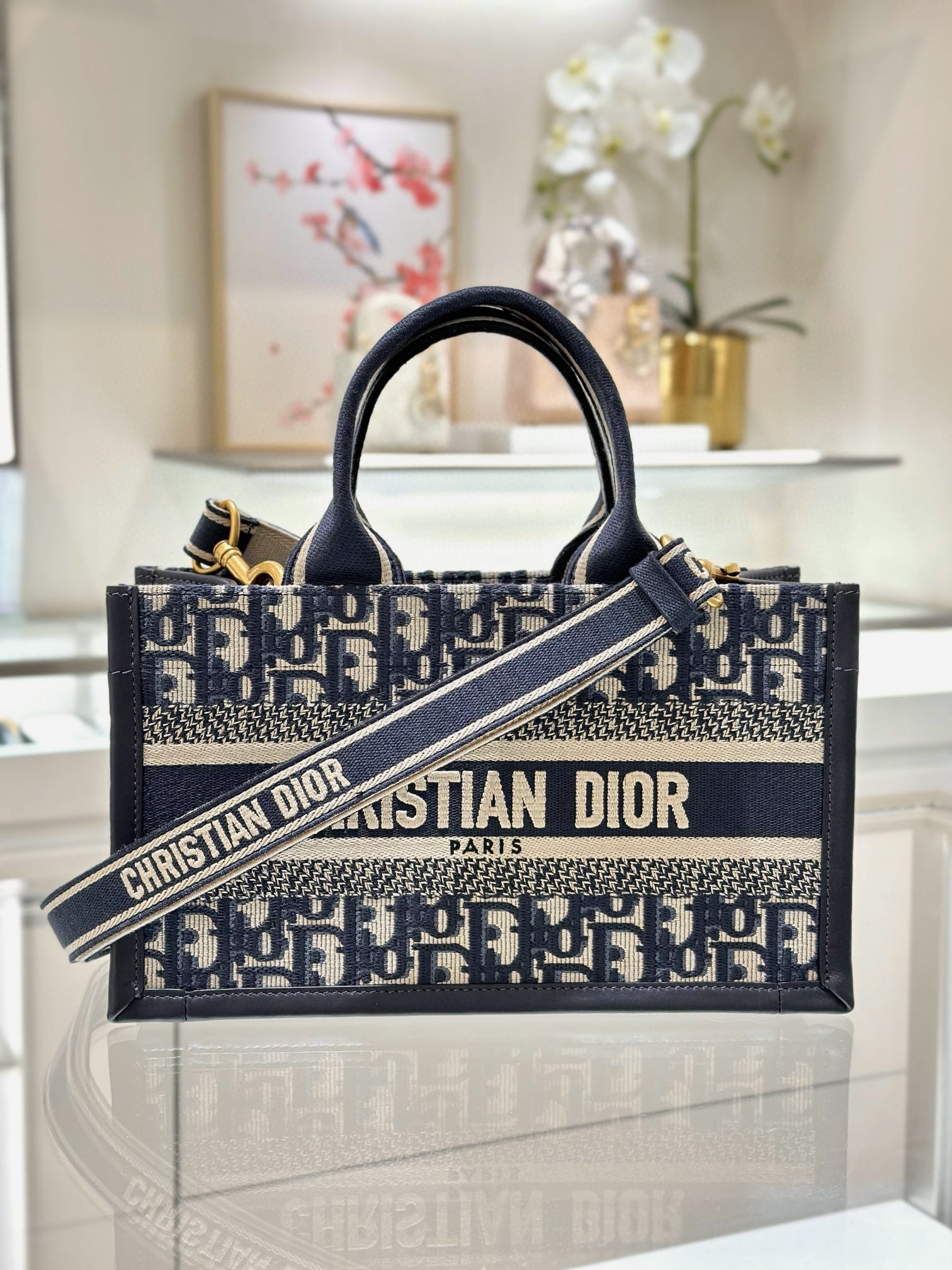 DIOR East-West Dior Book Tote with strap Blue Dior Oblique Embroidery and Calfskin