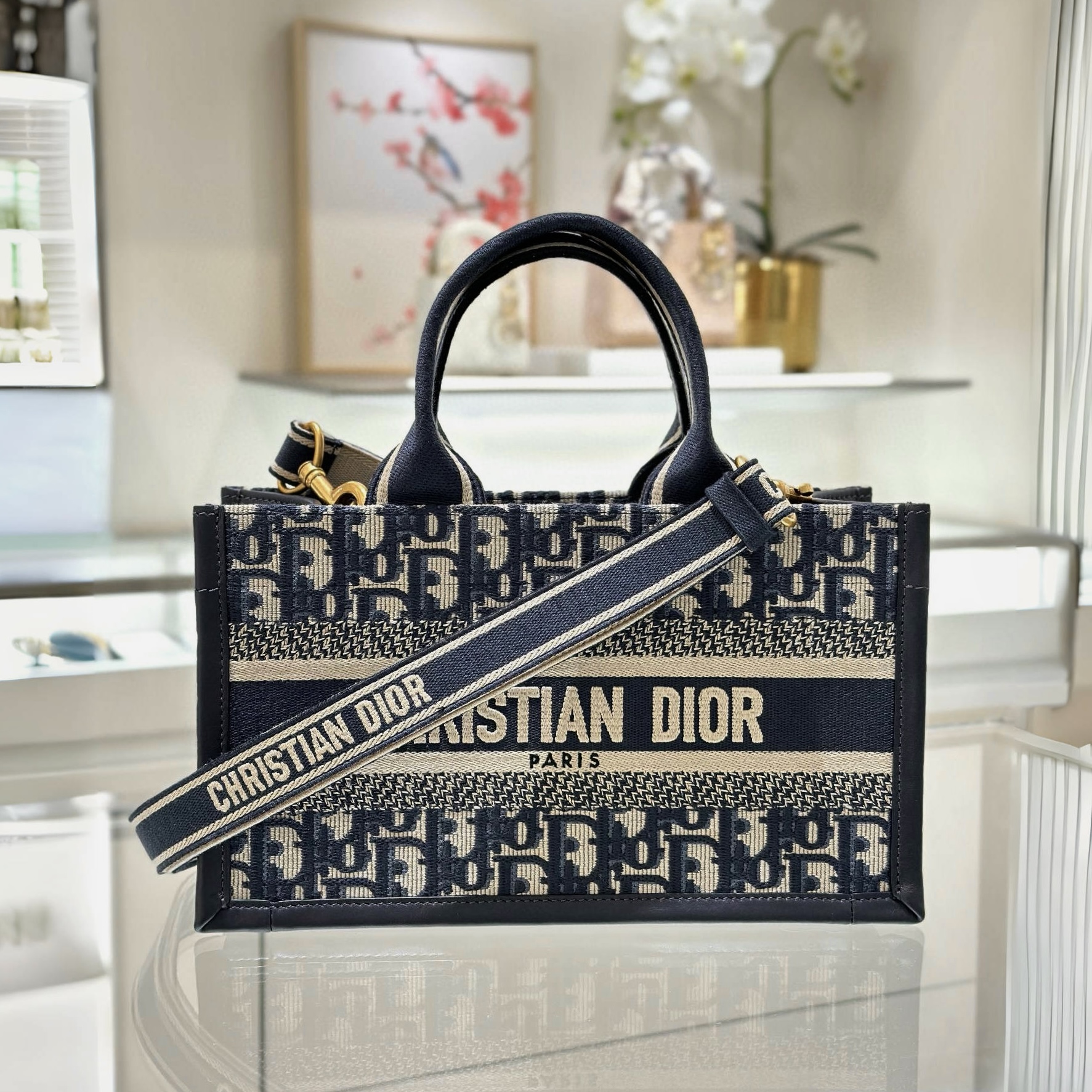 DIOR East-West Dior Book Tote with strap Blue Dior Oblique Embroidery and Calfskin