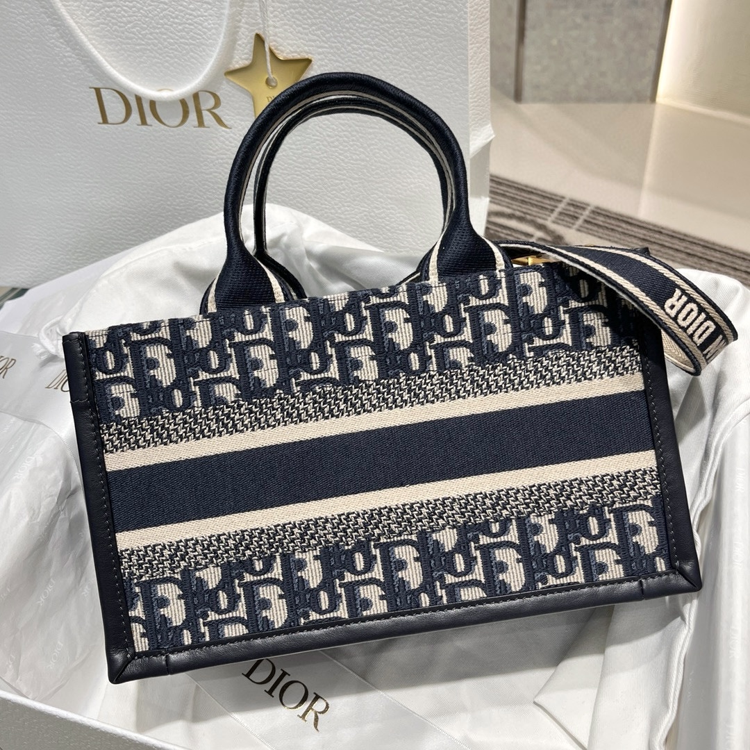 DIOR East-West Dior Book Tote with strap Blue Dior Oblique Embroidery and Calfskin