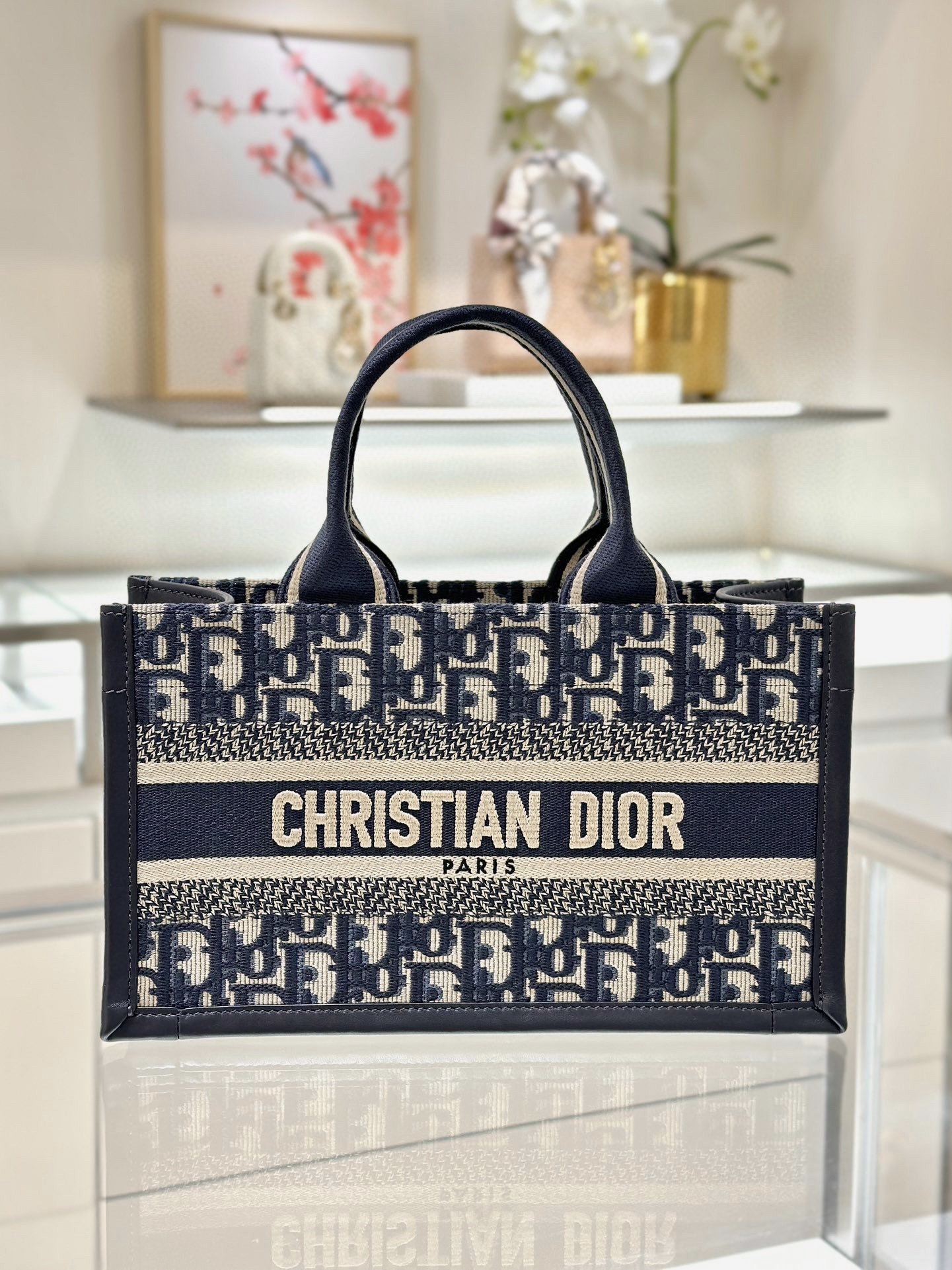 DIOR East-West Dior Book Tote with strap Blue Dior Oblique Embroidery and Calfskin