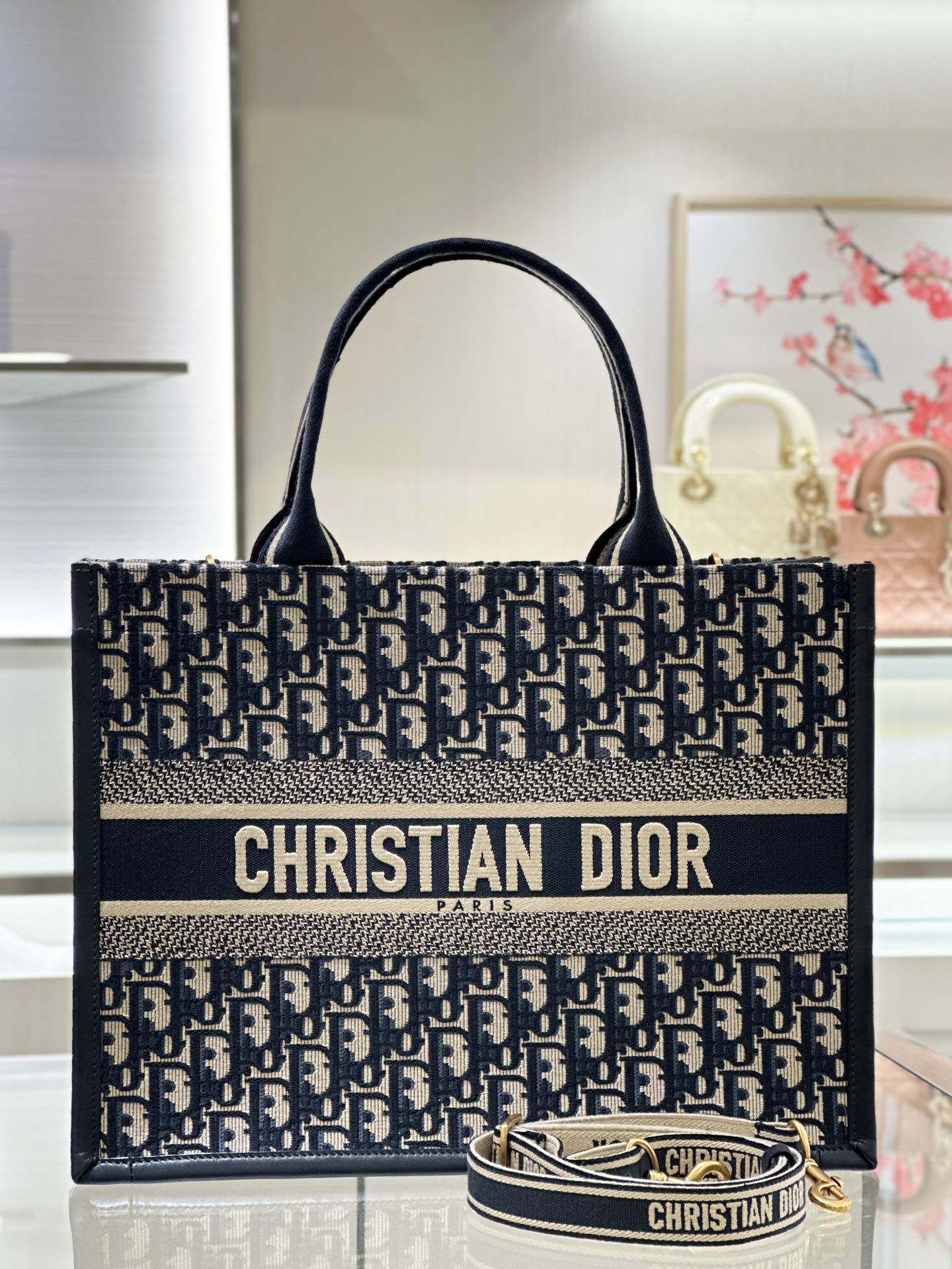 DIOR Medium Dior Book Tote Blue Dior Oblique Embroidery and Calfskin