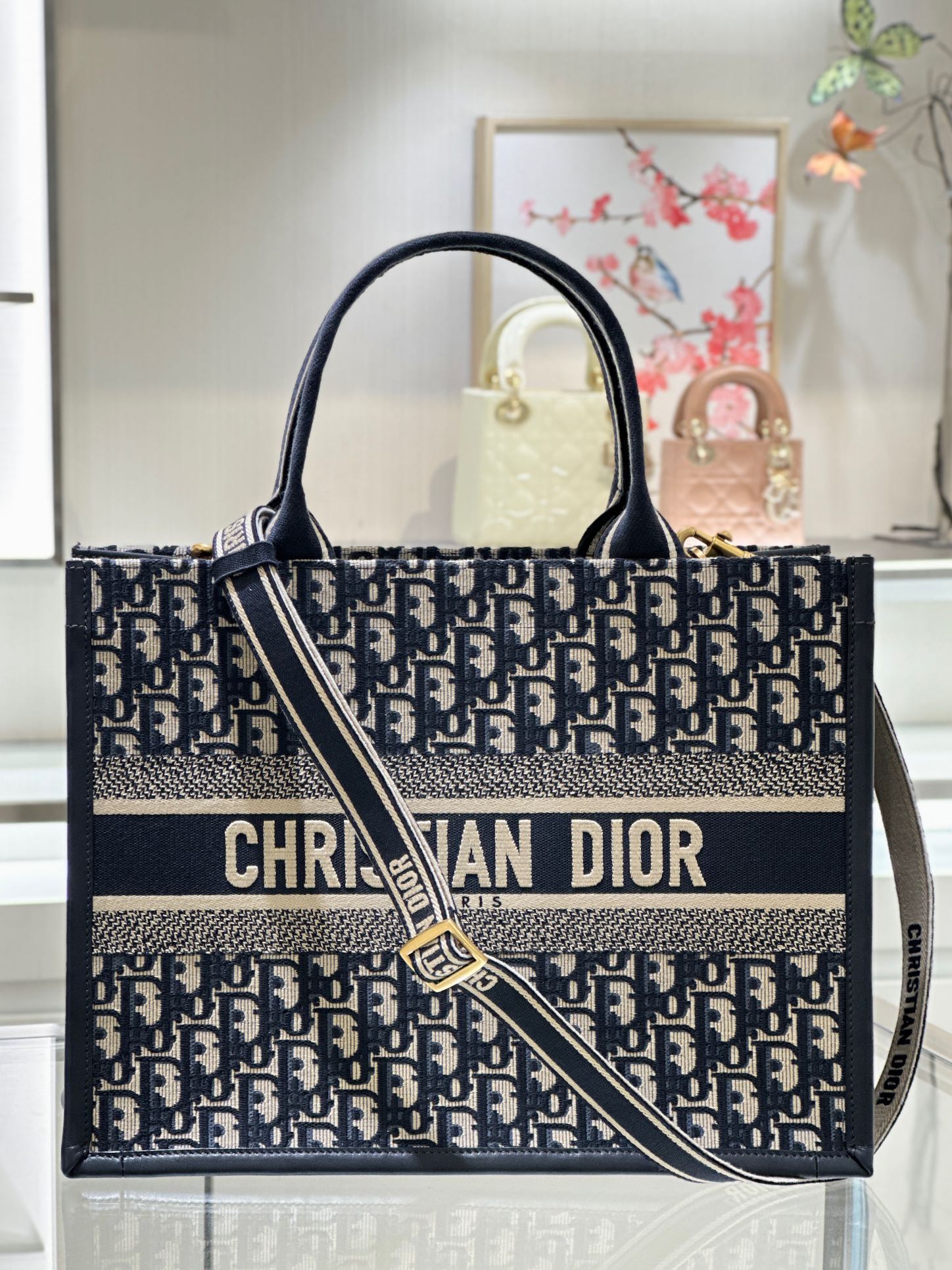 DIOR Medium Dior Book Tote Blue Dior Oblique Embroidery and Calfskin