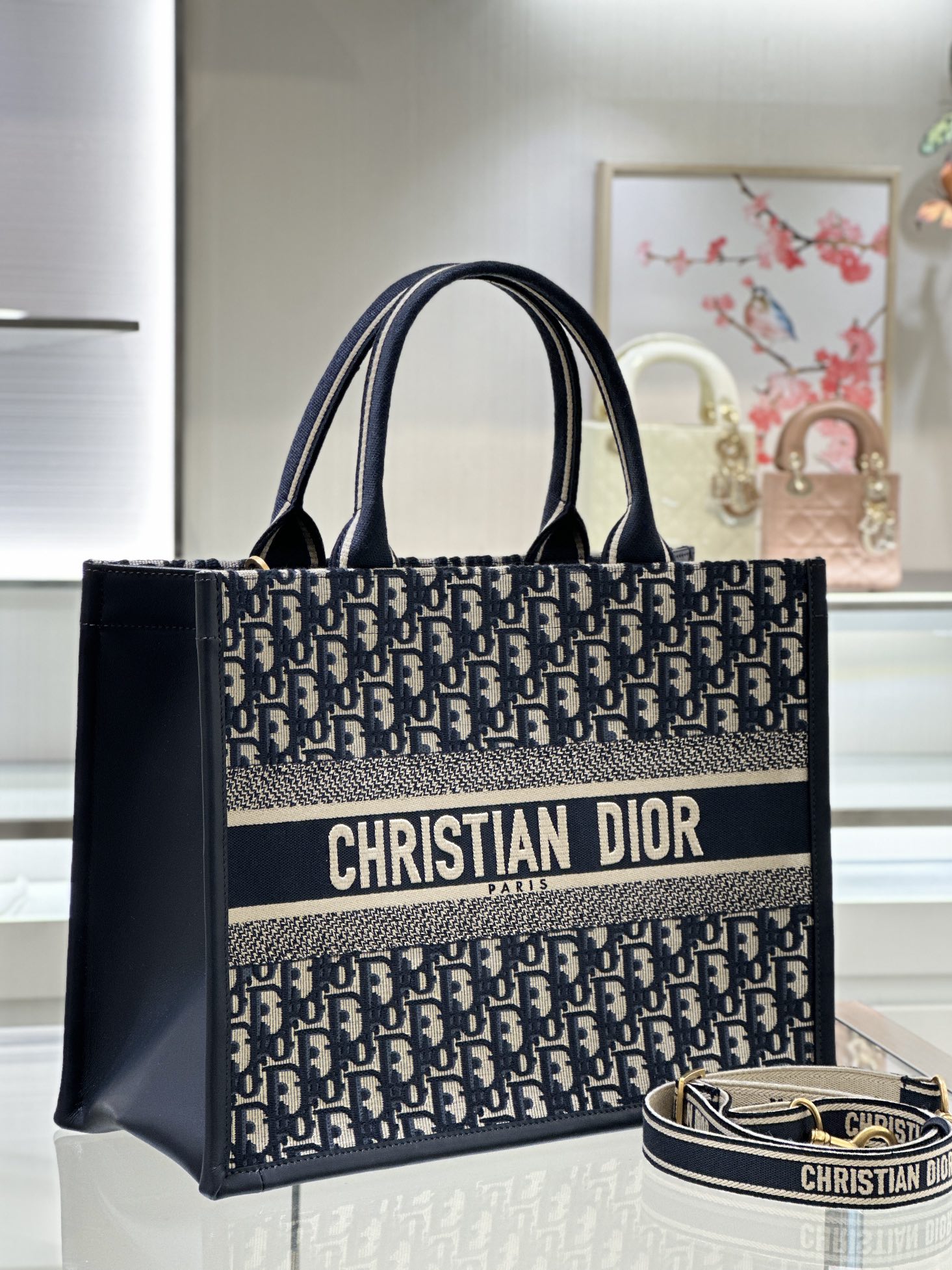 DIOR Medium Dior Book Tote Blue Dior Oblique Embroidery and Calfskin