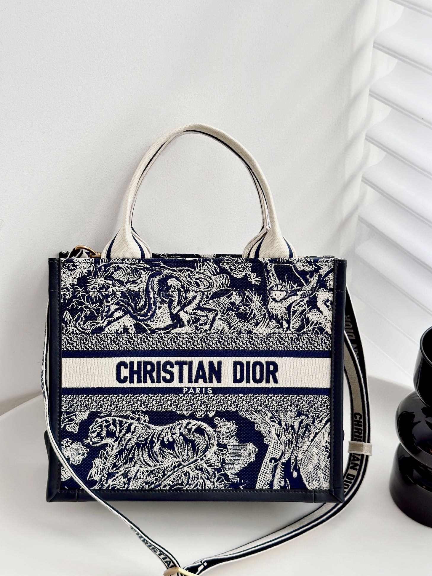 DIOR Small Dior Book Tote Blue and Ecru Toile de Jouy Reverse Embroidery and Blue Calfskin