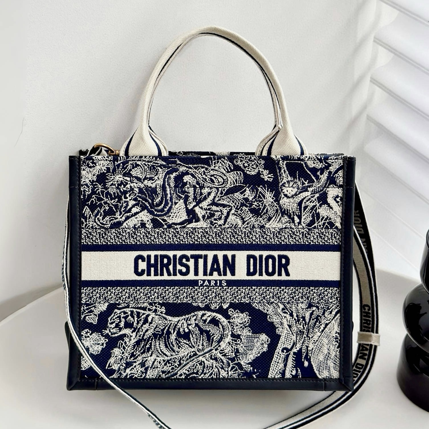 DIOR Small Dior Book Tote Blue and Ecru Toile de Jouy Reverse Embroidery and Blue Calfskin