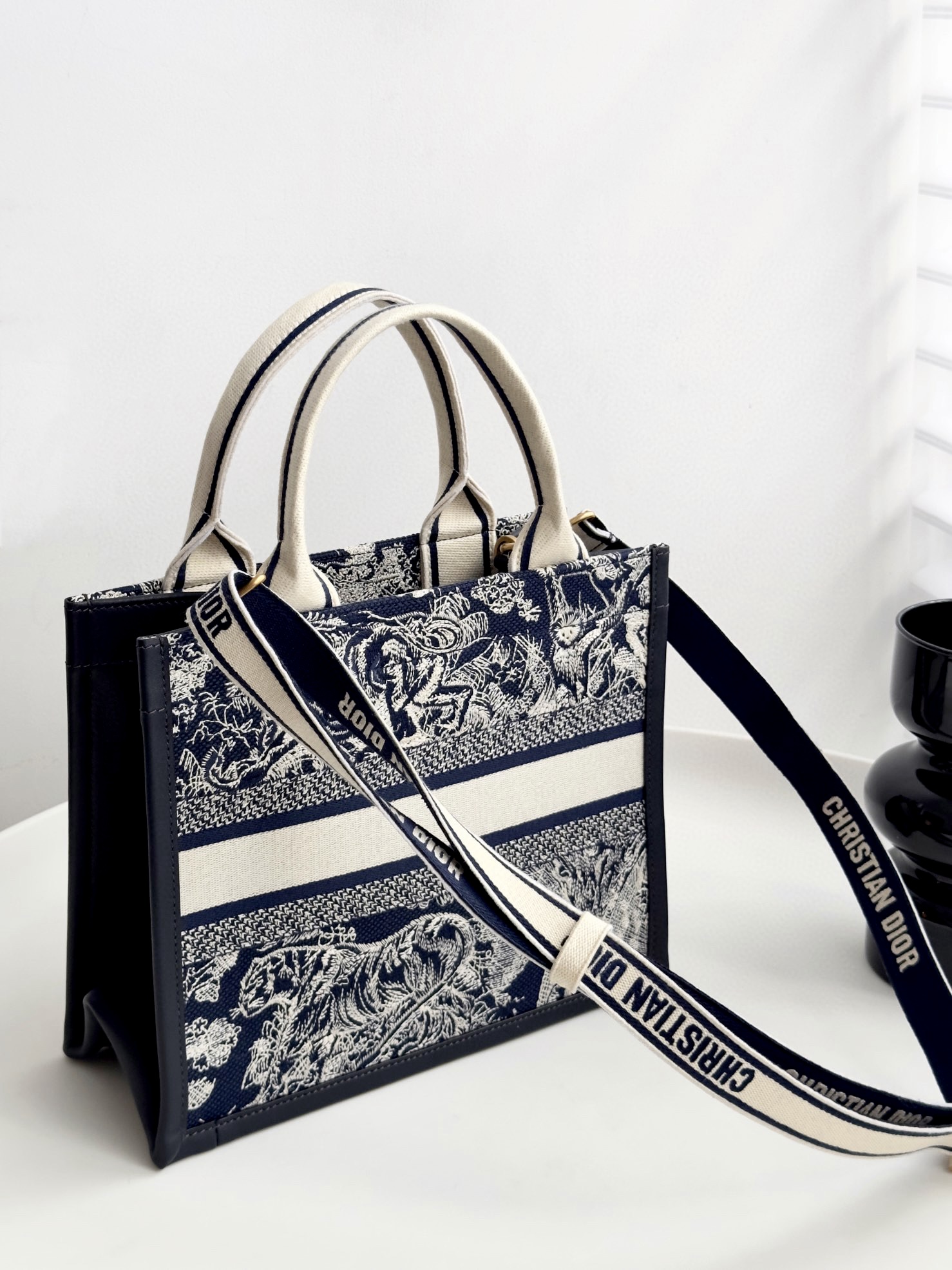 DIOR Small Dior Book Tote Blue and Ecru Toile de Jouy Reverse Embroidery and Blue Calfskin