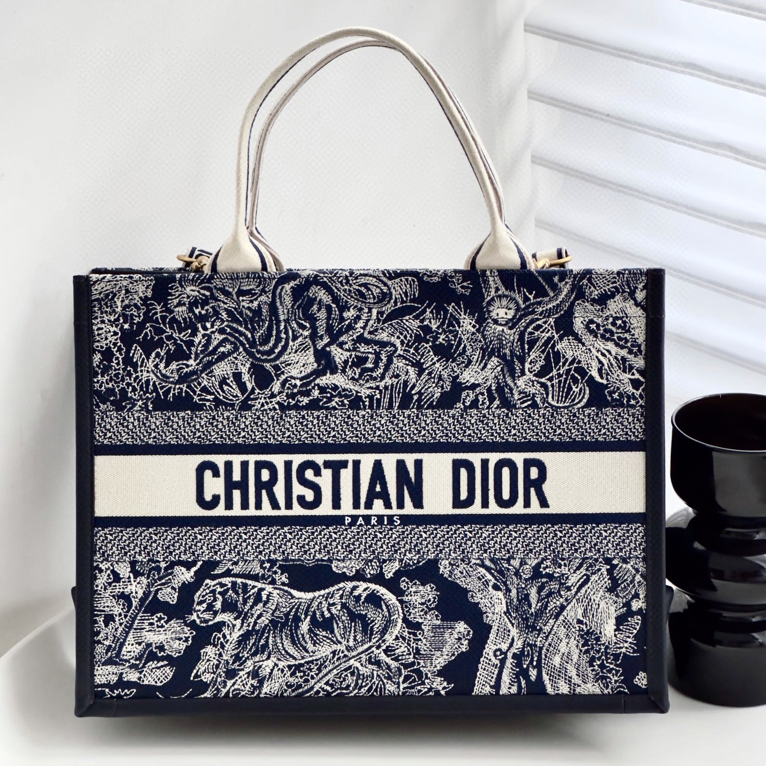 DIOR Medium Dior Book Tote Blue and Ecru Toile de Jouy Reverse Embroidery with Blue Calfskin 