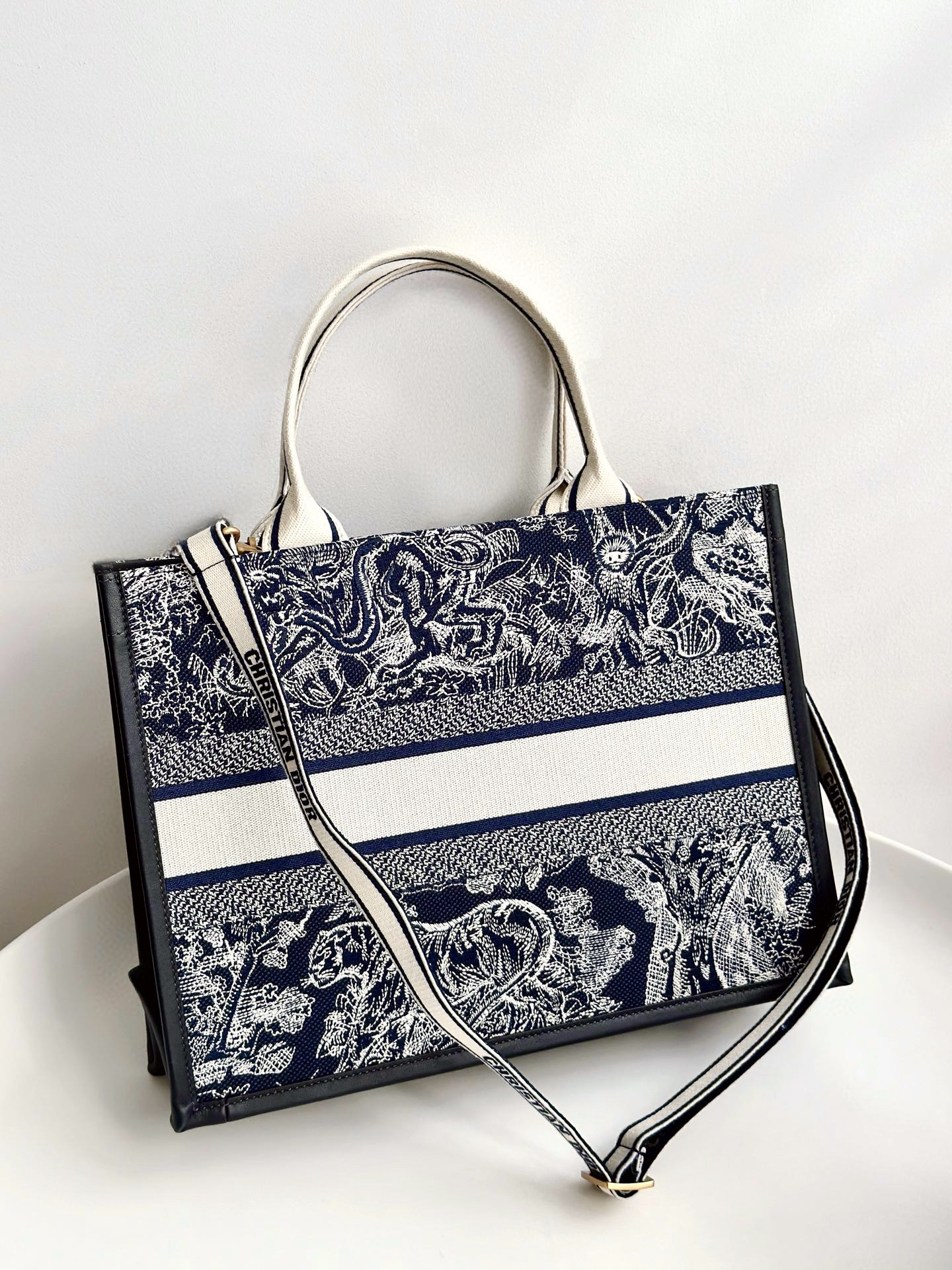 DIOR Medium Dior Book Tote Blue and Ecru Toile de Jouy Reverse Embroidery with Blue Calfskin 