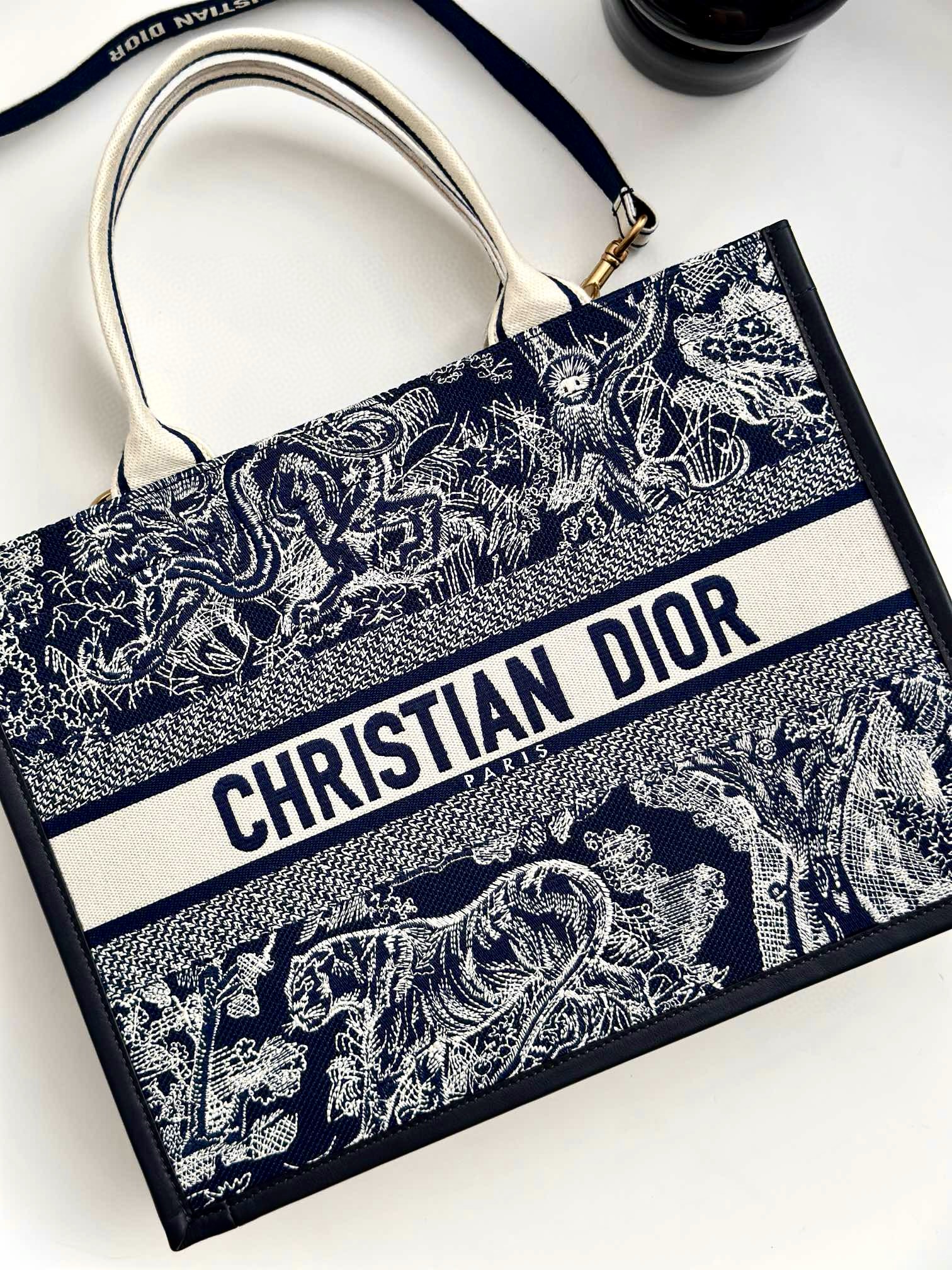 DIOR Medium Dior Book Tote Blue and Ecru Toile de Jouy Reverse Embroidery with Blue Calfskin 