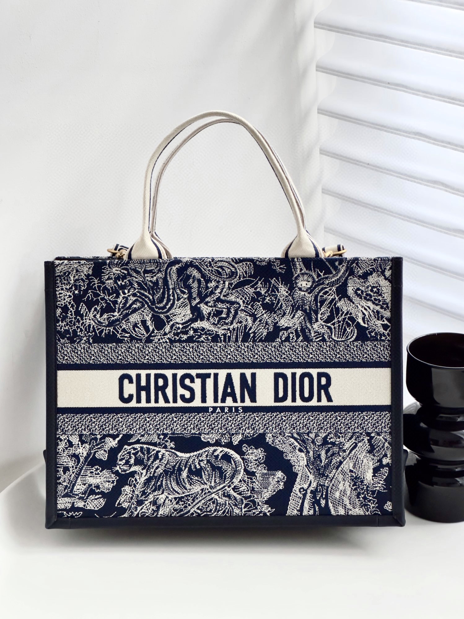 DIOR Medium Dior Book Tote Blue and Ecru Toile de Jouy Reverse Embroidery with Blue Calfskin 