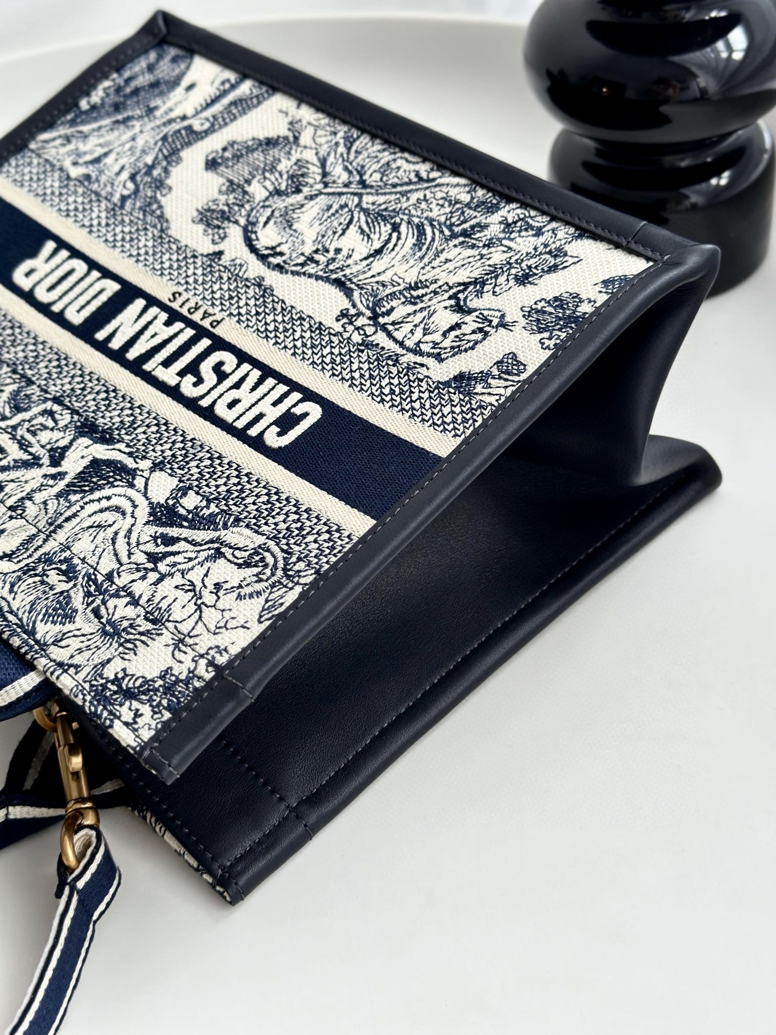 DIOR Small Dior Book Tote White and Navy Blue Toile de Jouy Sauvage Embroidery with Navy Blue Calfskin