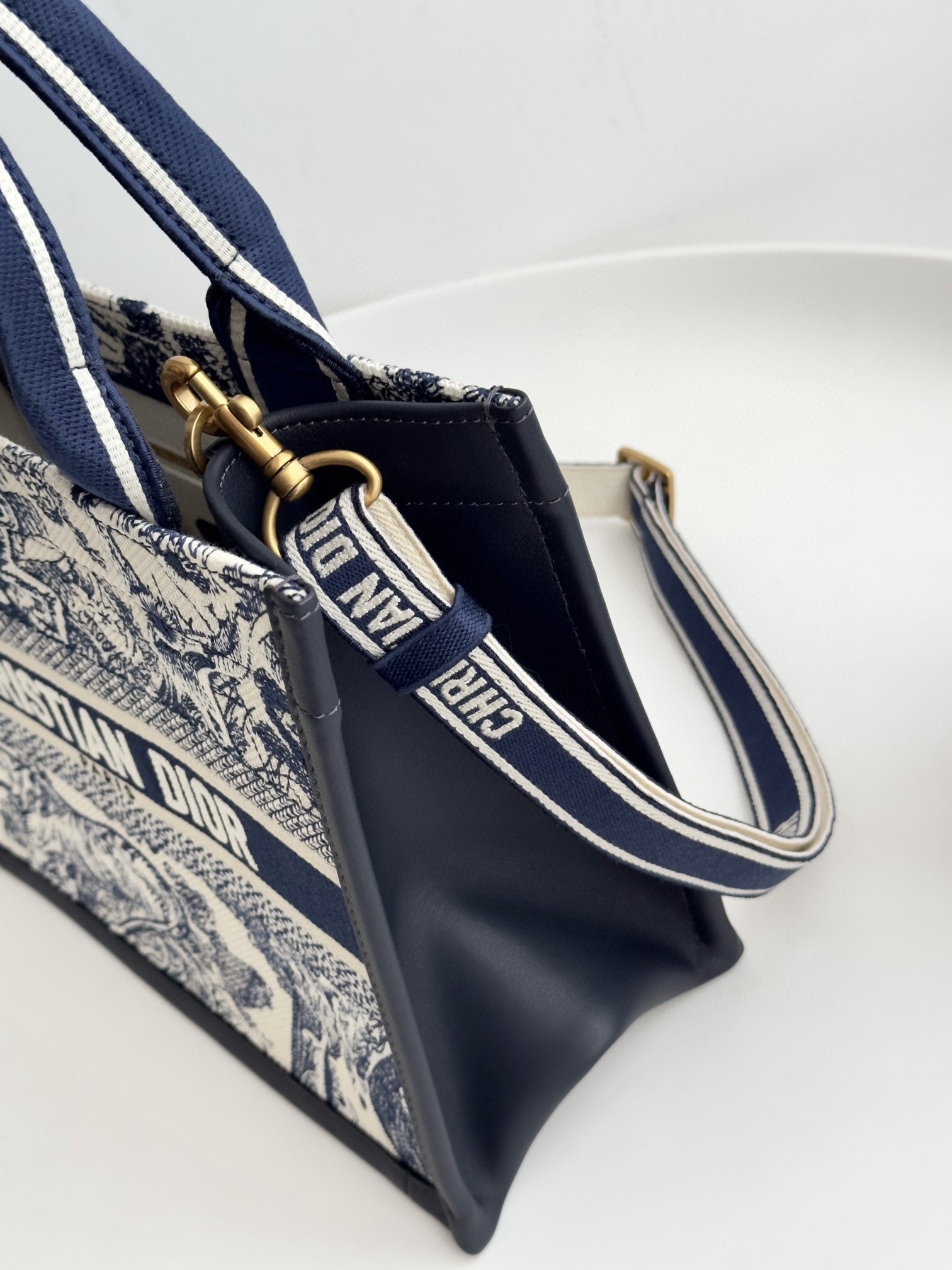 DIOR Small Dior Book Tote White and Navy Blue Toile de Jouy Sauvage Embroidery with Navy Blue Calfskin