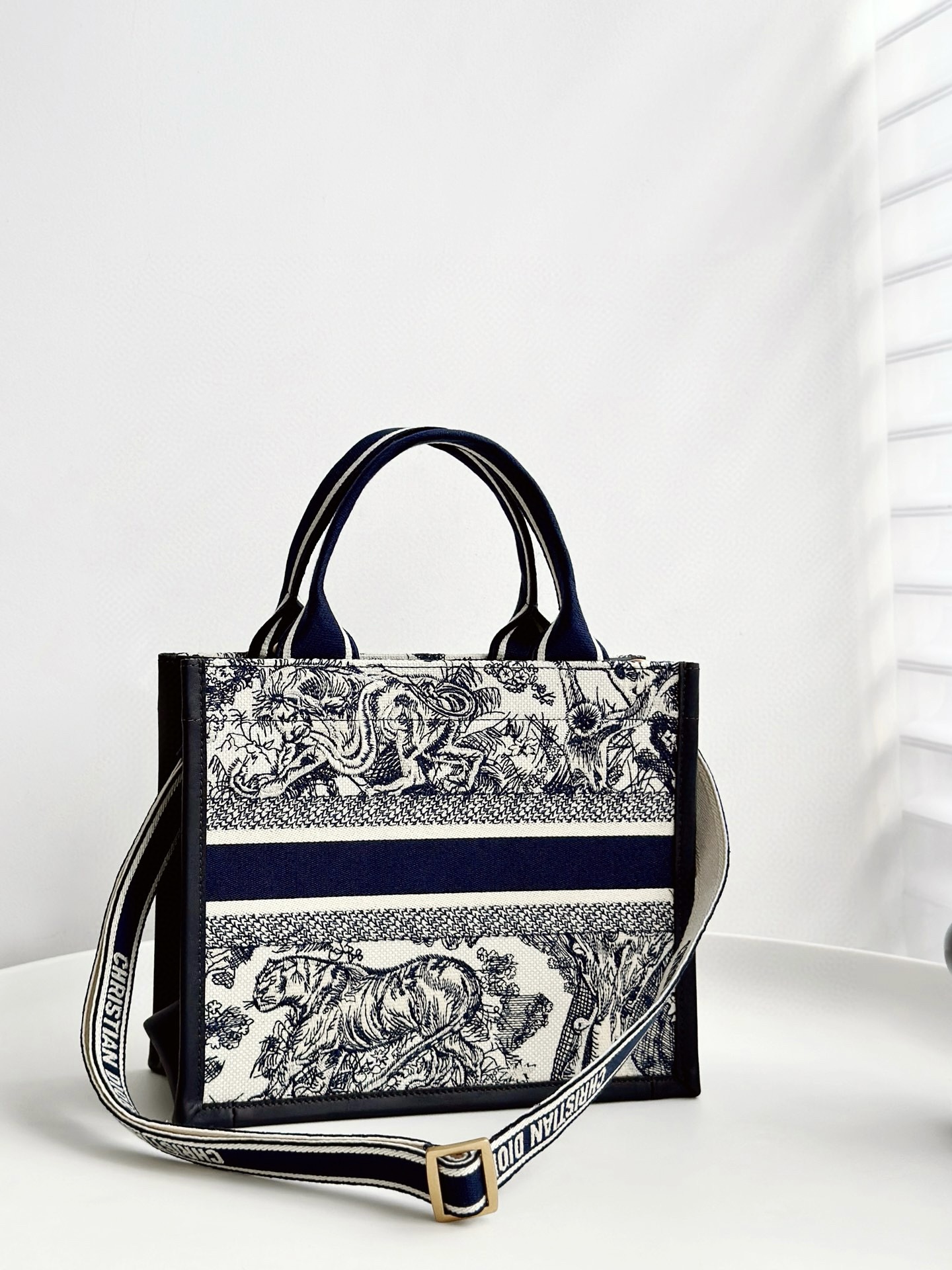 DIOR Small Dior Book Tote White and Navy Blue Toile de Jouy Sauvage Embroidery with Navy Blue Calfskin