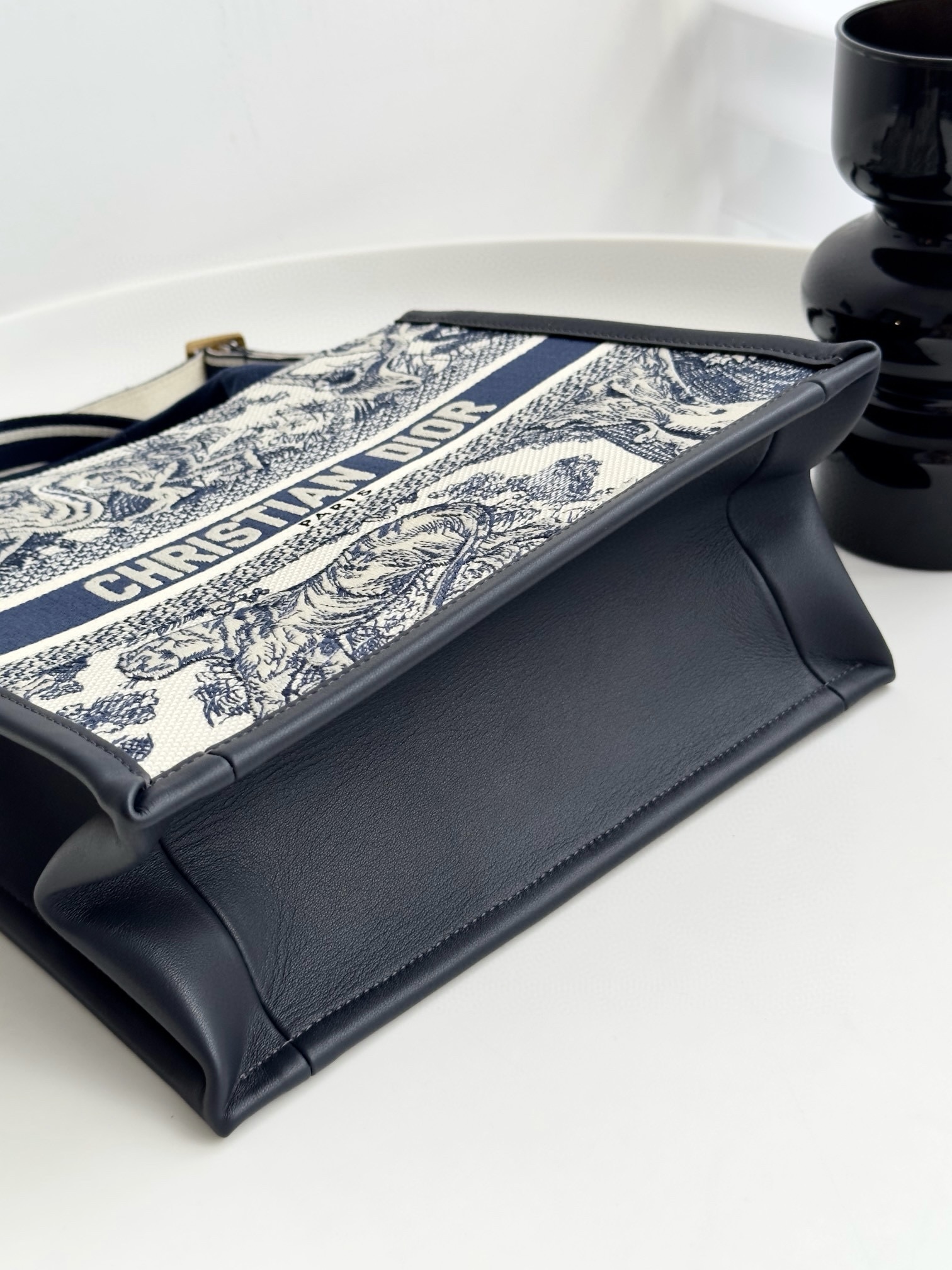 DIOR Small Dior Book Tote White and Navy Blue Toile de Jouy Sauvage Embroidery with Navy Blue Calfskin