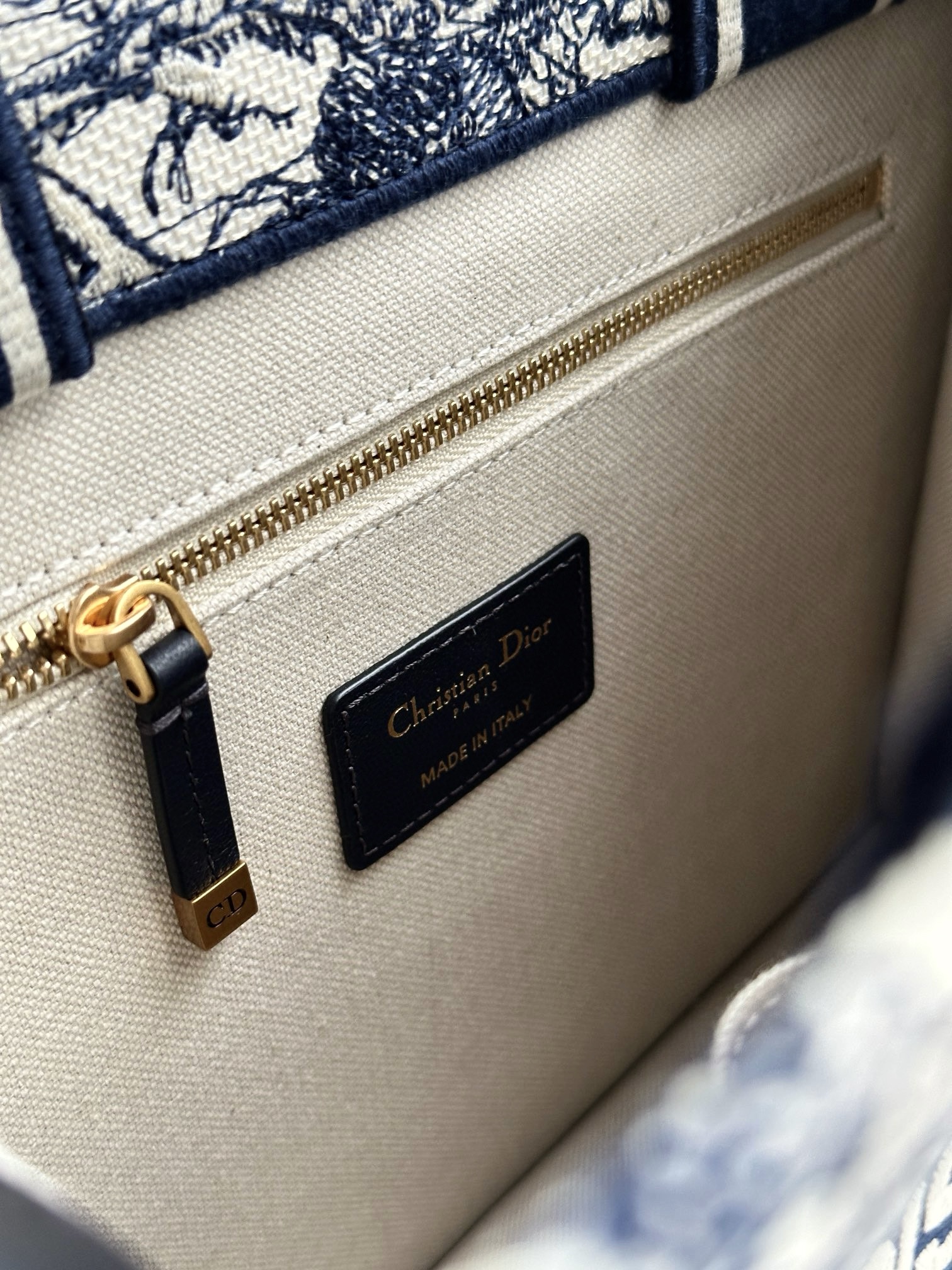 DIOR Small Dior Book Tote White and Navy Blue Toile de Jouy Sauvage Embroidery with Navy Blue Calfskin