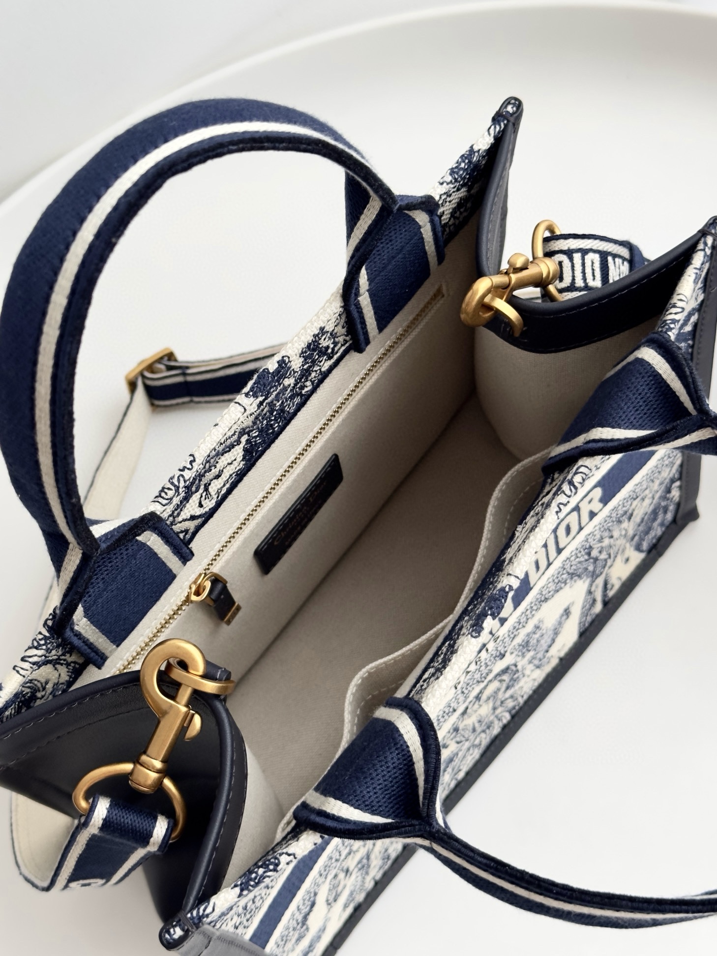 DIOR Small Dior Book Tote White and Navy Blue Toile de Jouy Sauvage Embroidery with Navy Blue Calfskin