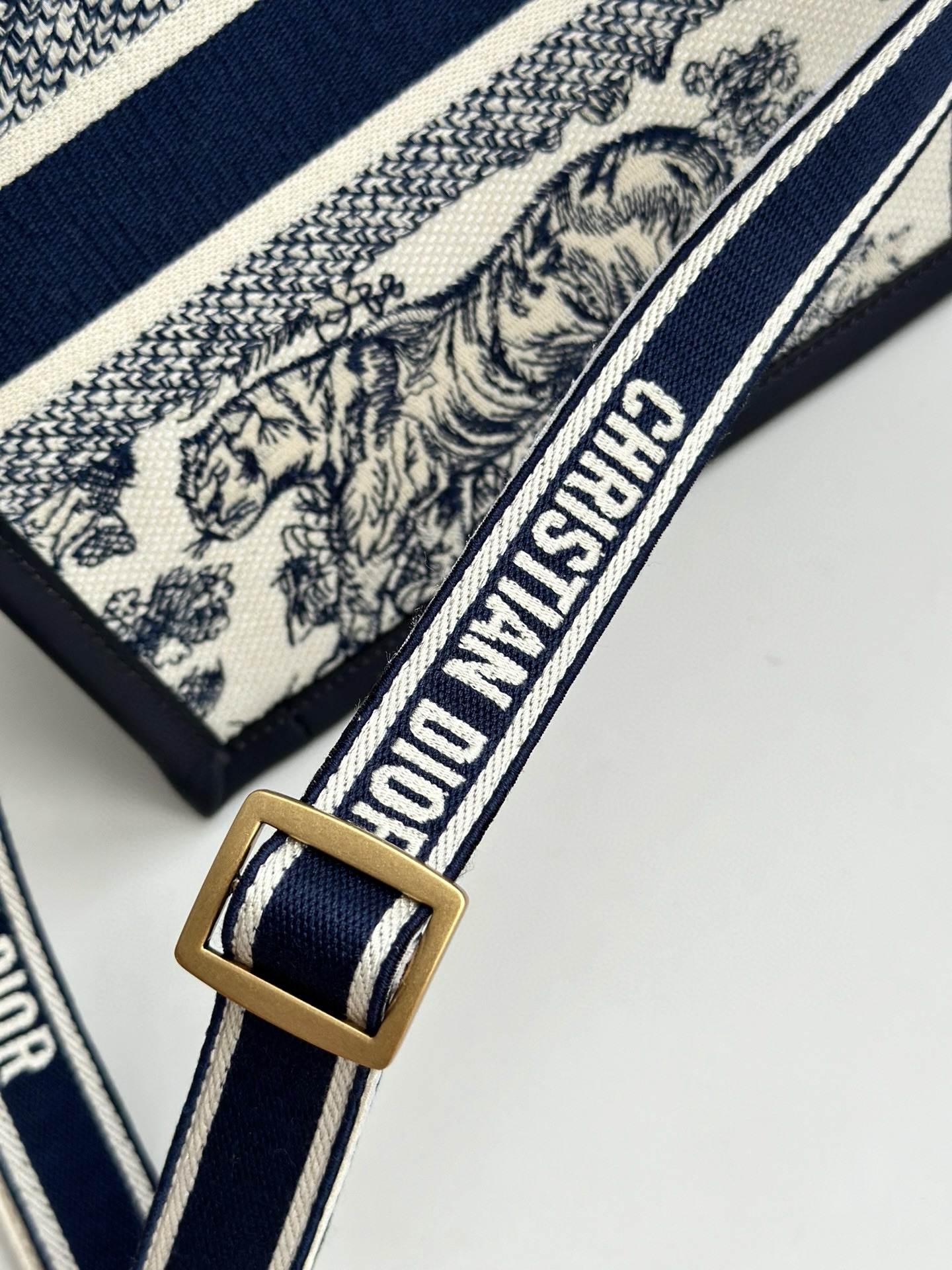 DIOR Small Dior Book Tote White and Navy Blue Toile de Jouy Sauvage Embroidery with Navy Blue Calfskin