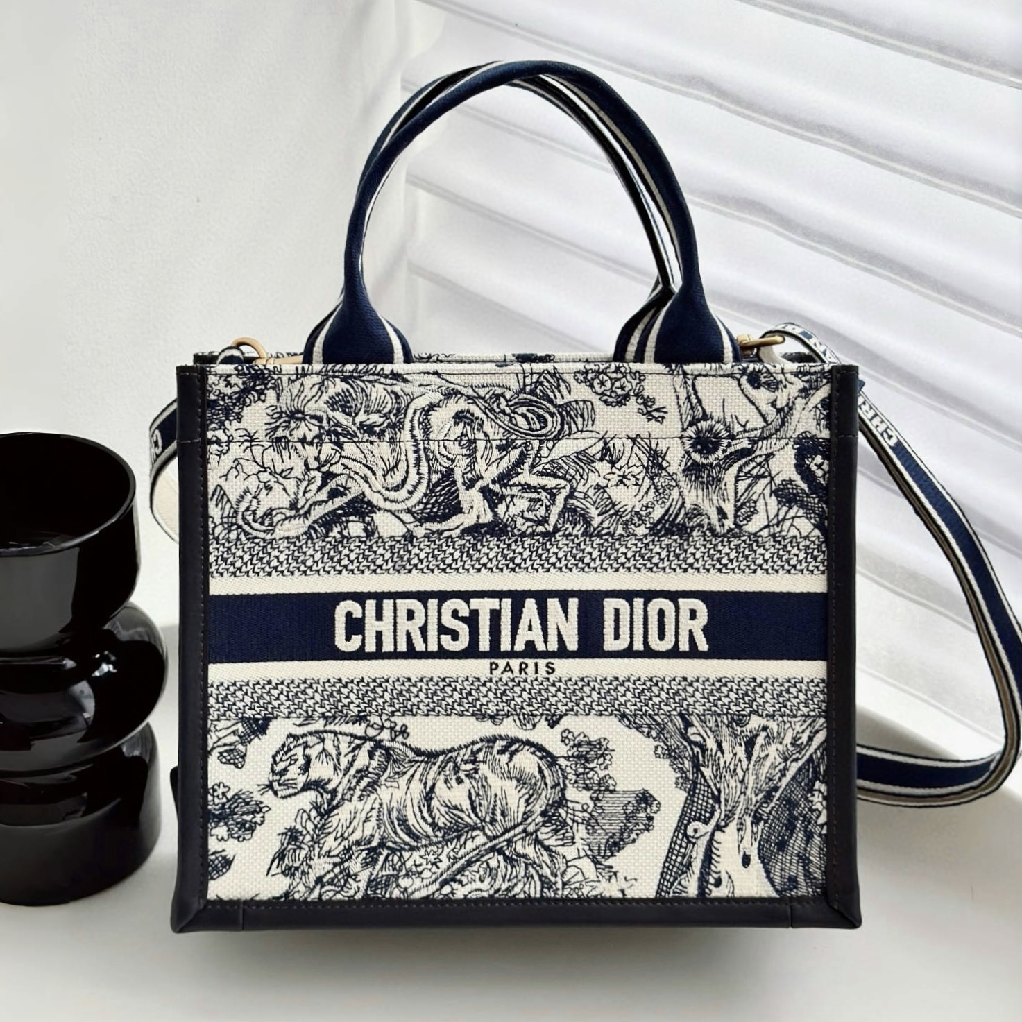 DIOR Small Dior Book Tote White and Navy Blue Toile de Jouy Sauvage Embroidery with Navy Blue Calfskin