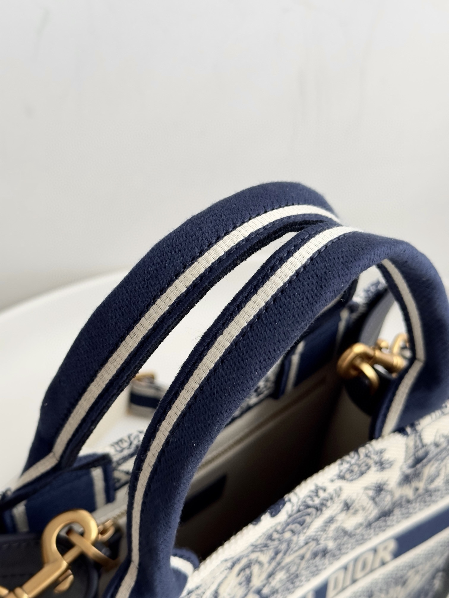 DIOR Small Dior Book Tote White and Navy Blue Toile de Jouy Sauvage Embroidery with Navy Blue Calfskin