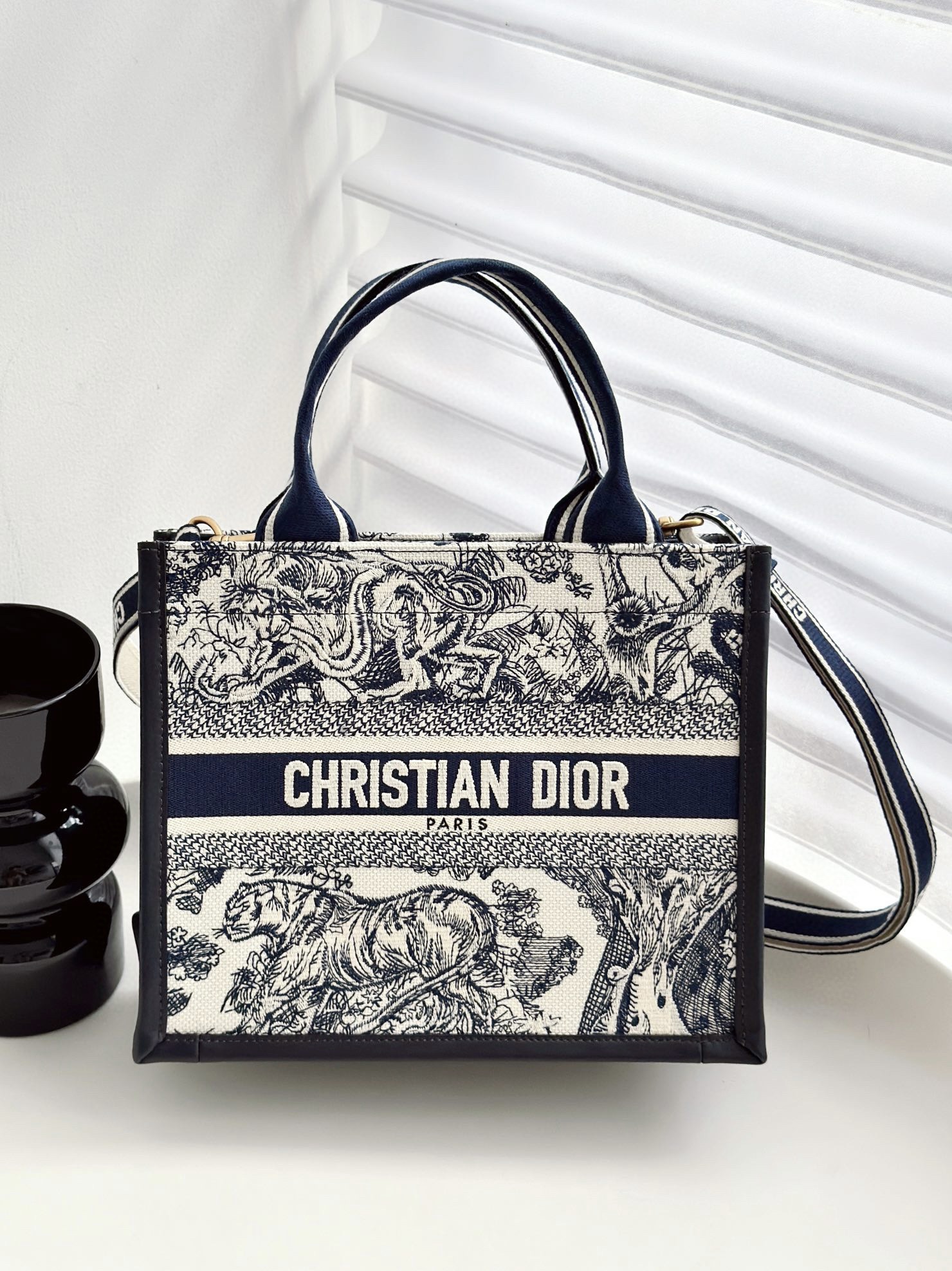 DIOR Small Dior Book Tote White and Navy Blue Toile de Jouy Sauvage Embroidery with Navy Blue Calfskin