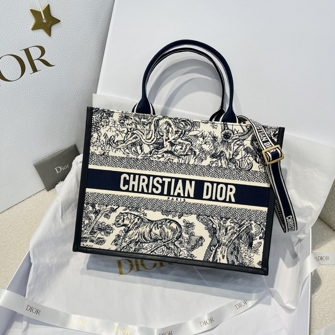 DIOR Medium Dior Book Tote White and Navy Blue Toile de Jouy Sauvage Embroidery with Navy Blue Calfskin