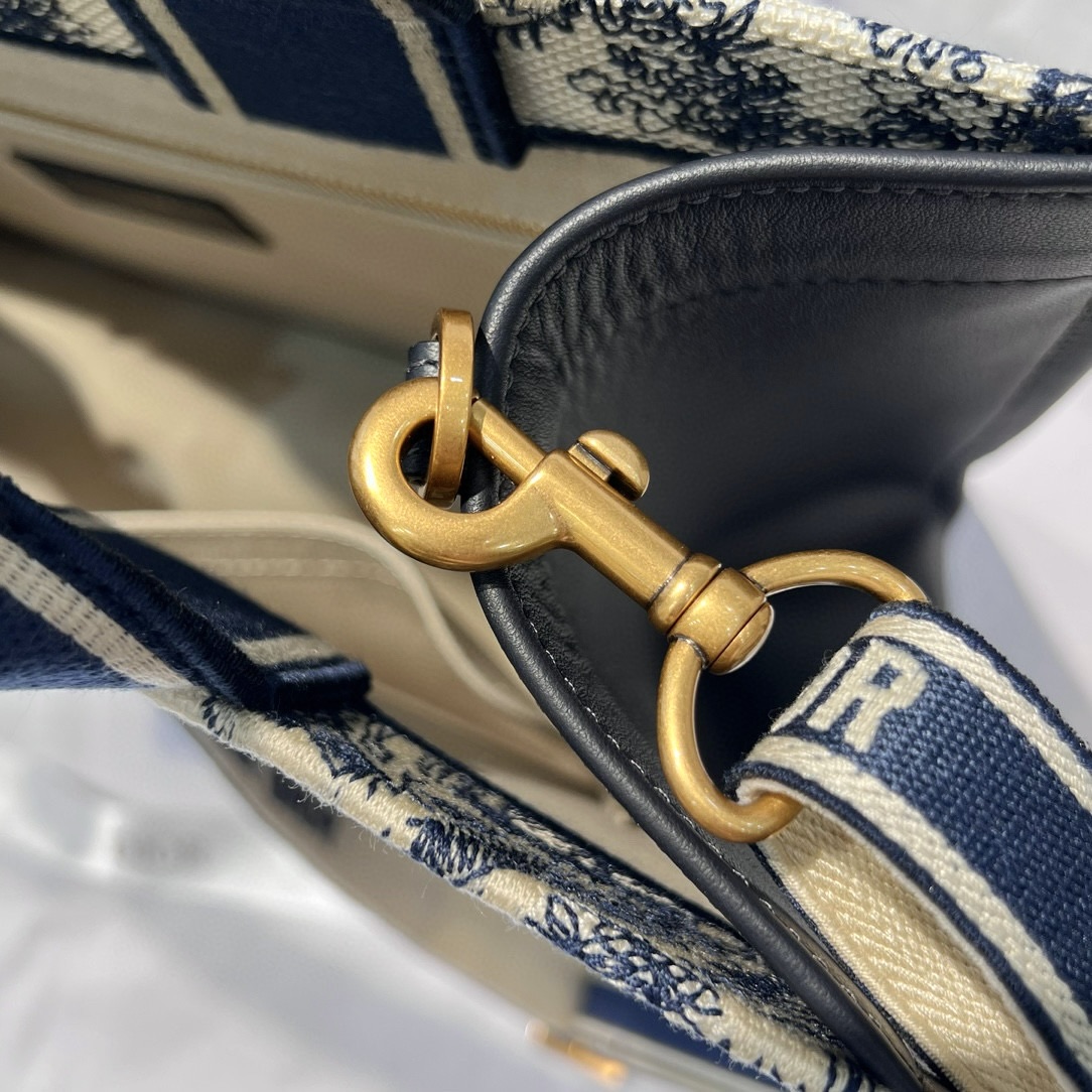 DIOR Medium Dior Book Tote White and Navy Blue Toile de Jouy Sauvage Embroidery with Navy Blue Calfskin