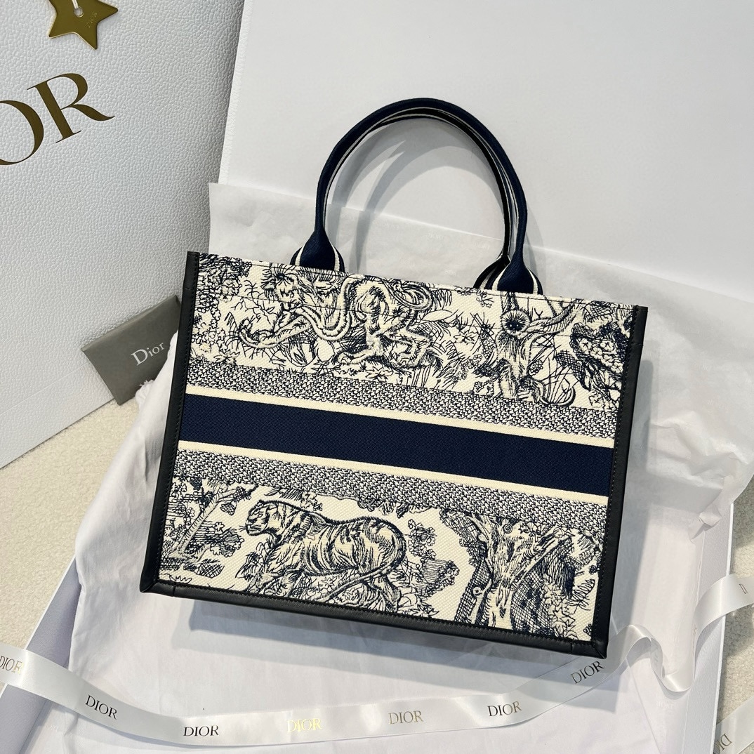 DIOR Medium Dior Book Tote White and Navy Blue Toile de Jouy Sauvage Embroidery with Navy Blue Calfskin