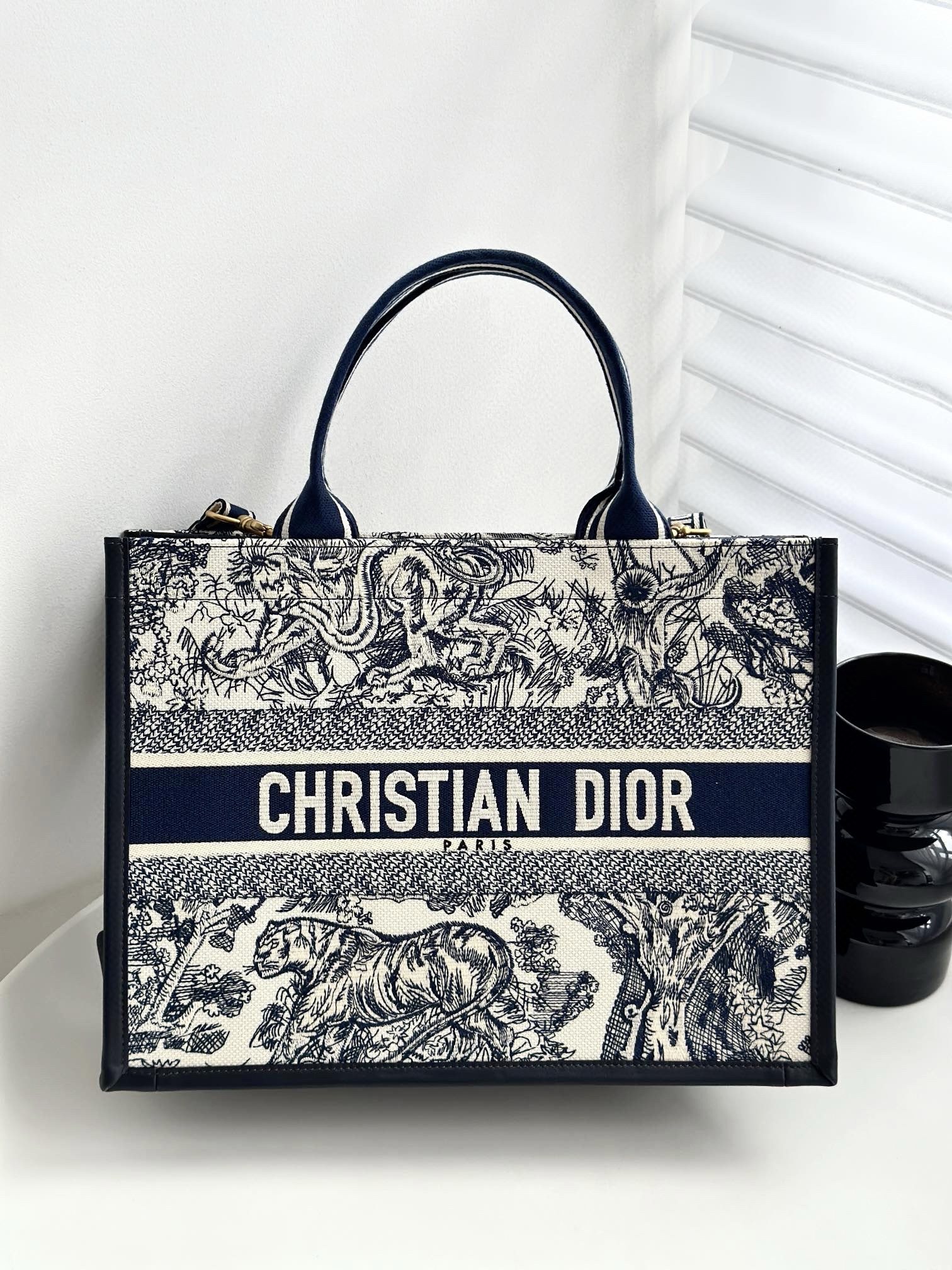 DIOR Medium Dior Book Tote White and Navy Blue Toile de Jouy Sauvage Embroidery with Navy Blue Calfskin